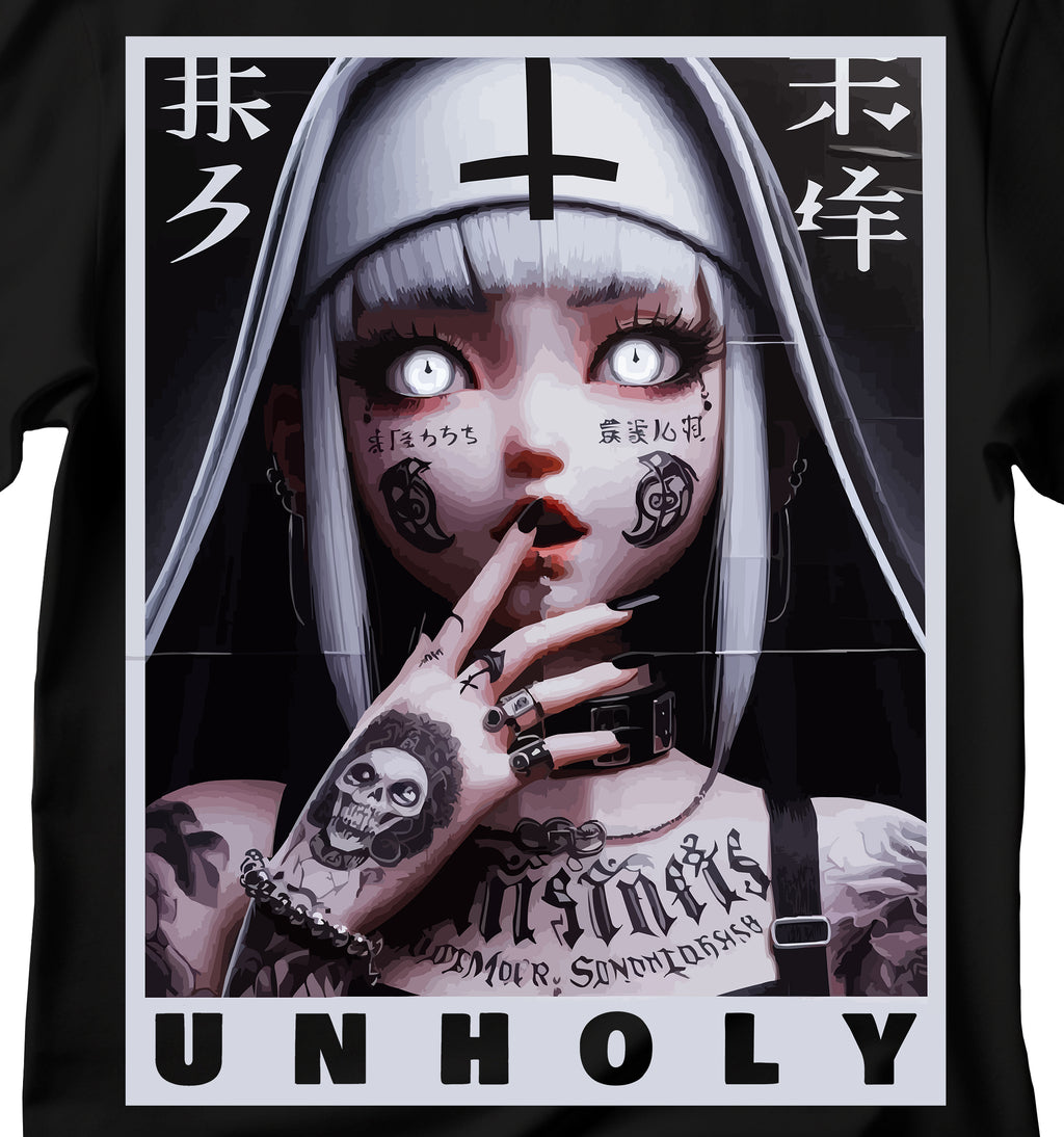 Unholy  Nun Graphic T-Shirt for Trendsetters, Urban Style Tee, Edgy Fashion Top, Unique Gift for Friends, Streetwear Clothing