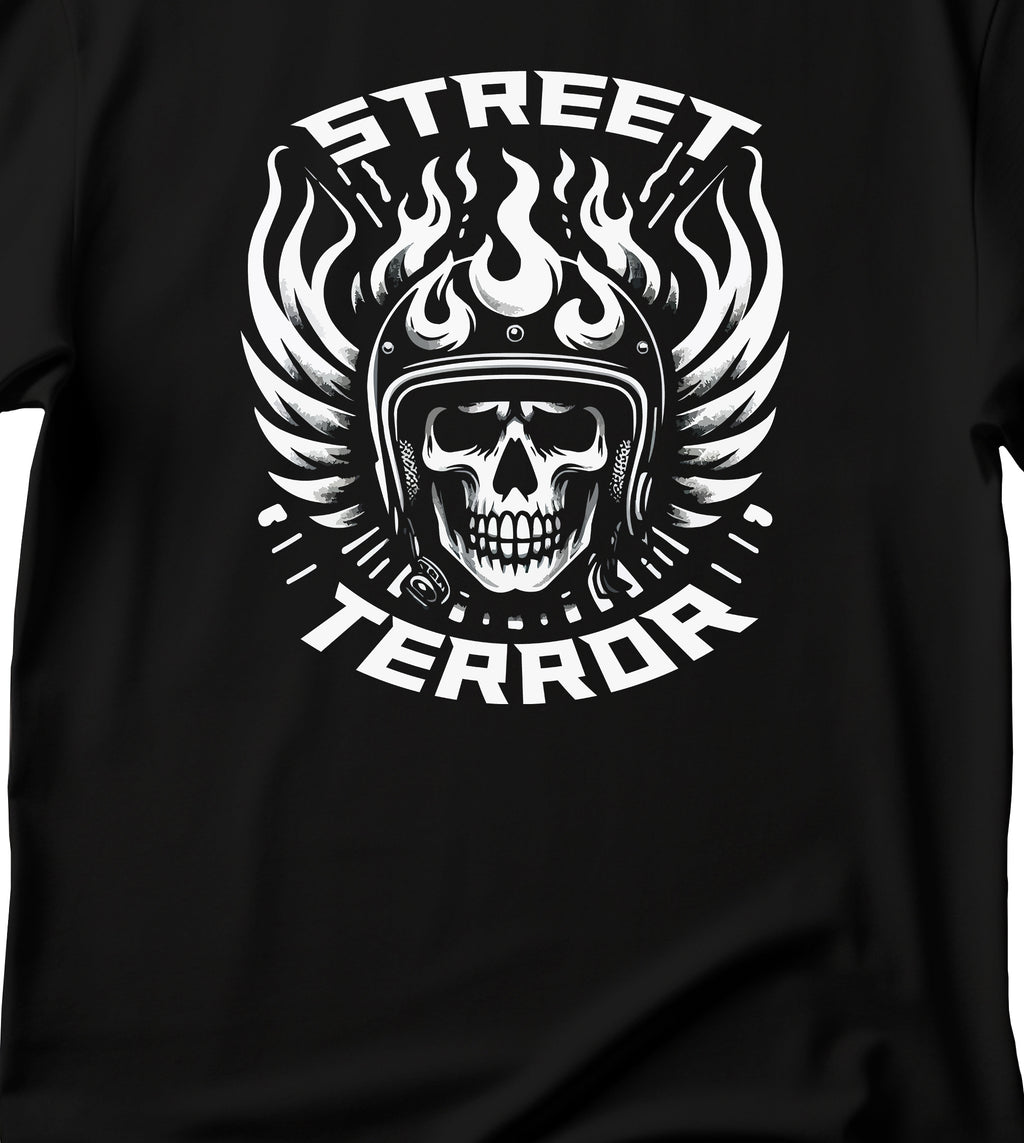 Skull and Flames Graphic T-Shirt, T-Shirt for Bikers, Streetwear, Street Terror T-Shirt, Skull T-Shirt, Race T-Shirt