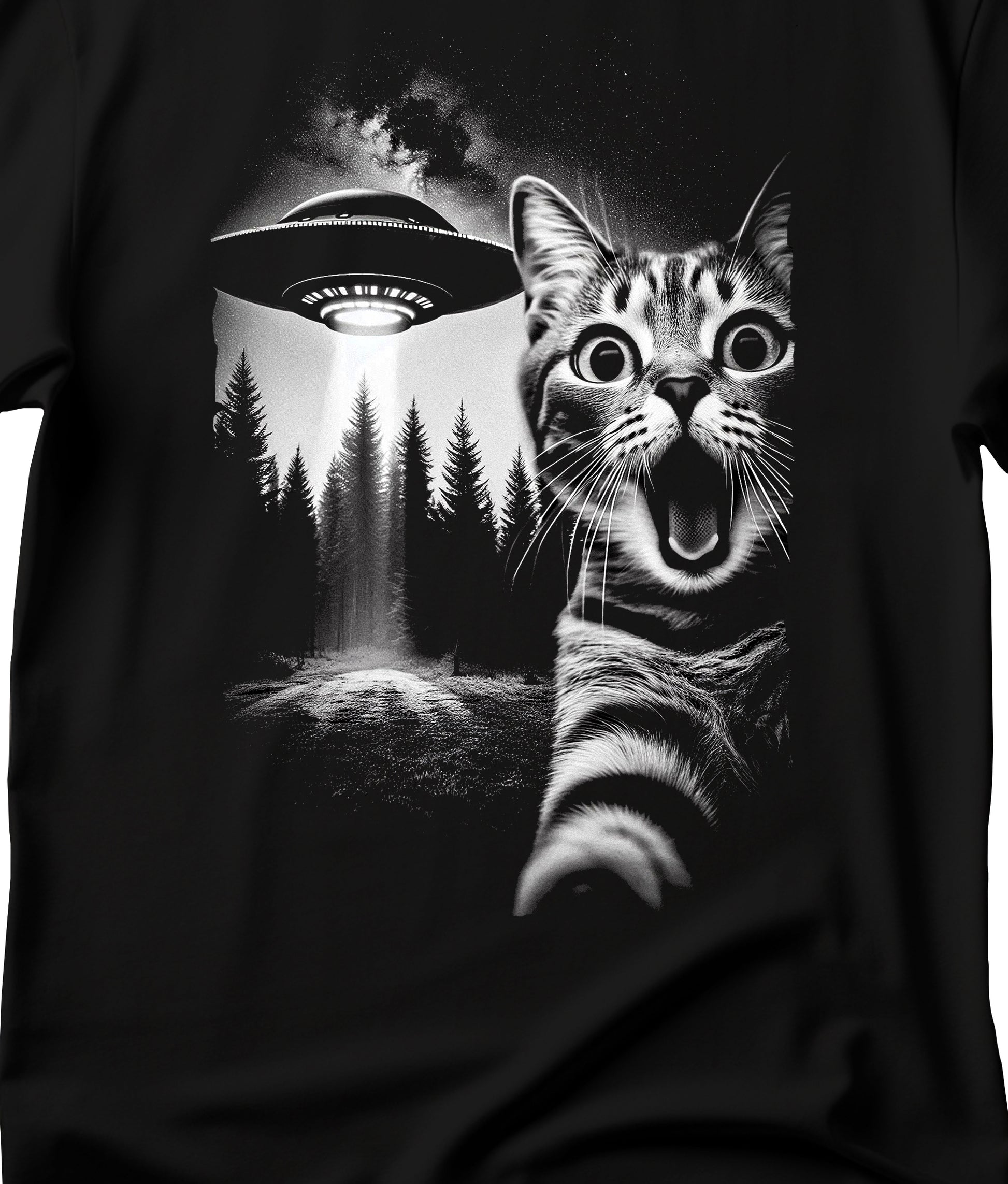 Funny Cat Selfie with UFOs T-shirt, cat T-shirt, UFO T-shirt, Edgy Graphic Tee, Cute Cat Shirt, UFO Fan Gift, Quirky Animal Apparel