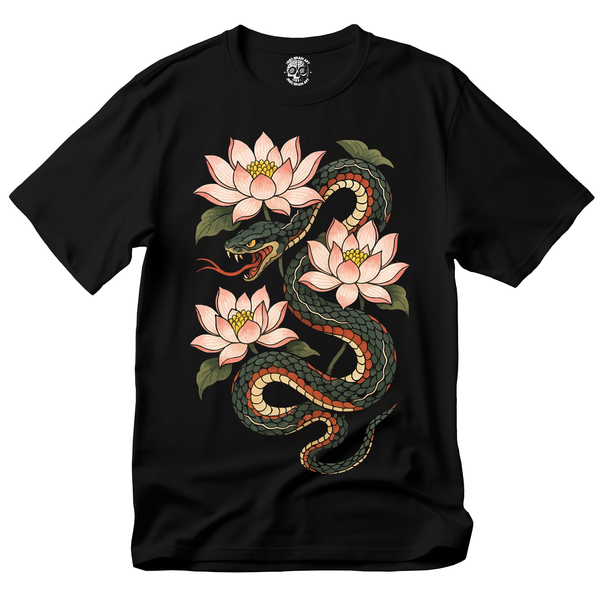 Serpent & Lotus Graphic Tee, Japanese style snake t-shirt with lotto flowers, snake t-shirt, lotto flowers t-shirt, traditional Japanese art t-shirt