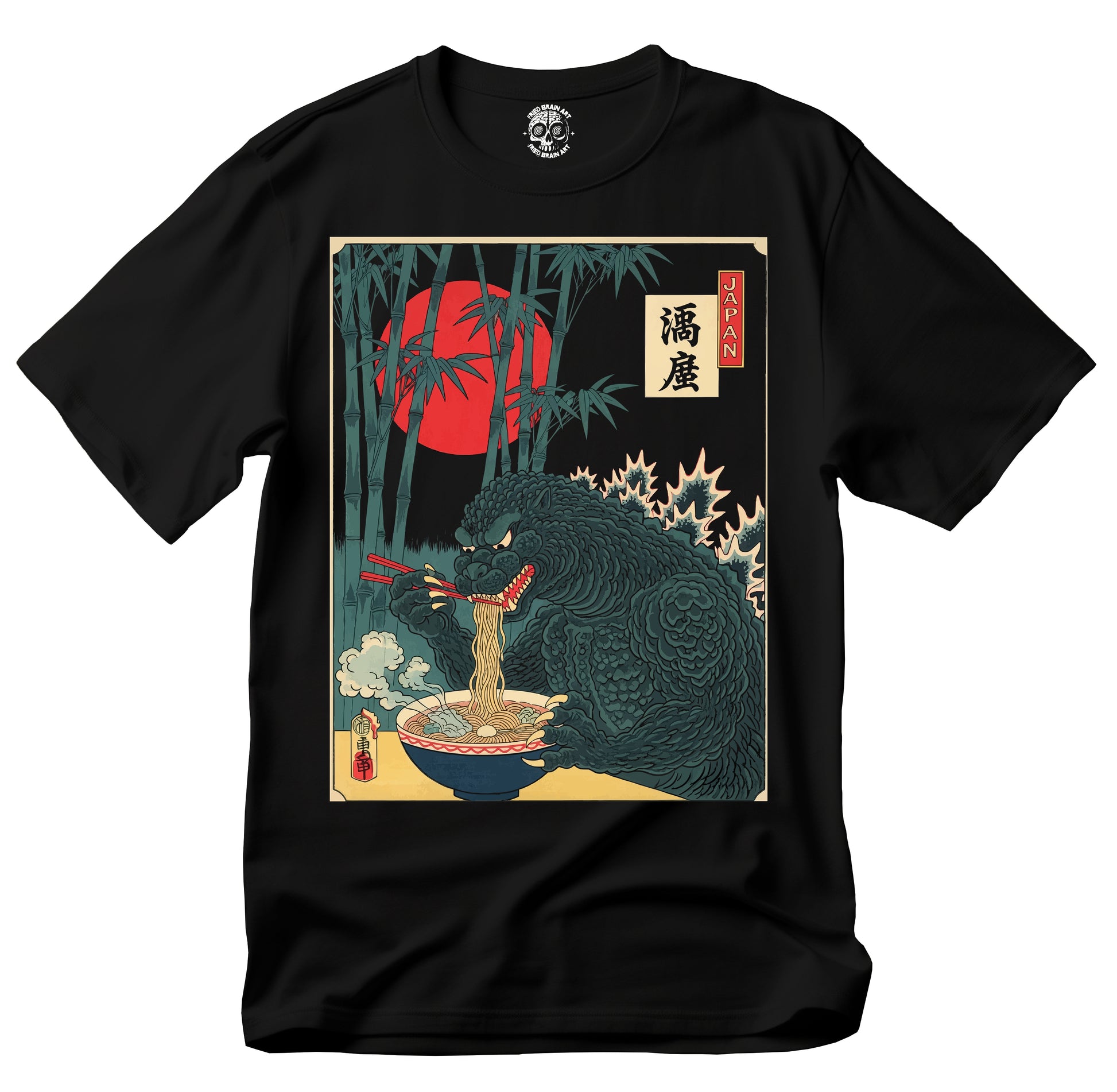 T-shirt of Godzilla eating ramen in the style of traditional Japanese painting, unisex Godzilla eating ramen T-shirt, ramen T-shirt