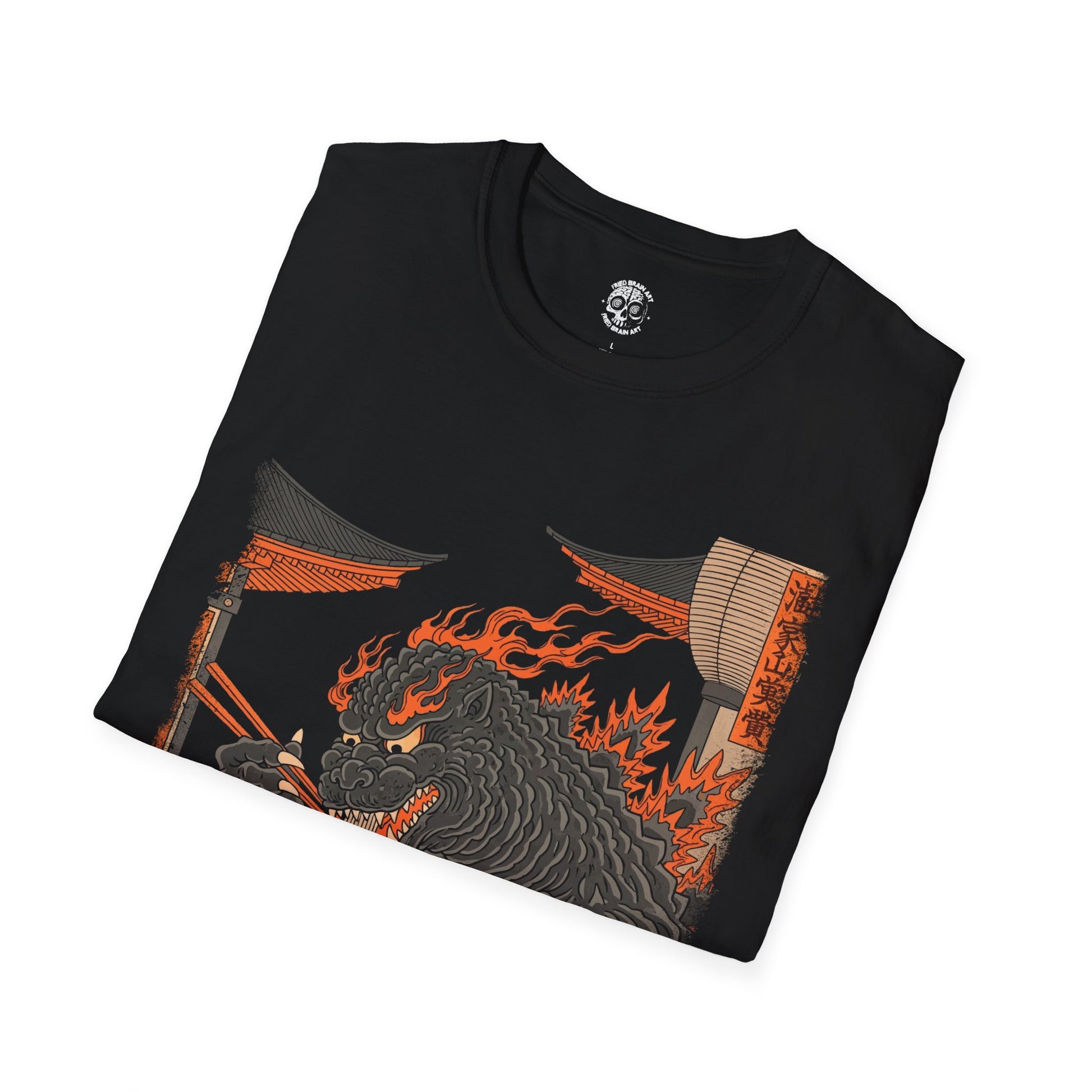 T-shirt of Godzilla eating ramen in the style of traditional Japanese painting, unisex Godzilla eating ramen T-shirt, ramen T-shirt