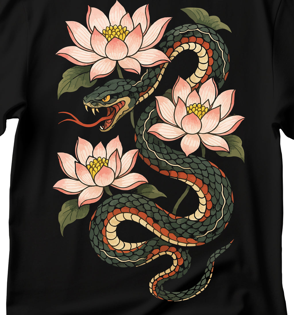 Serpent & Lotus Graphic Tee, Japanese style snake t-shirt with lotto flowers, snake t-shirt, lotto flowers t-shirt, traditional Japanese art t-shirt
