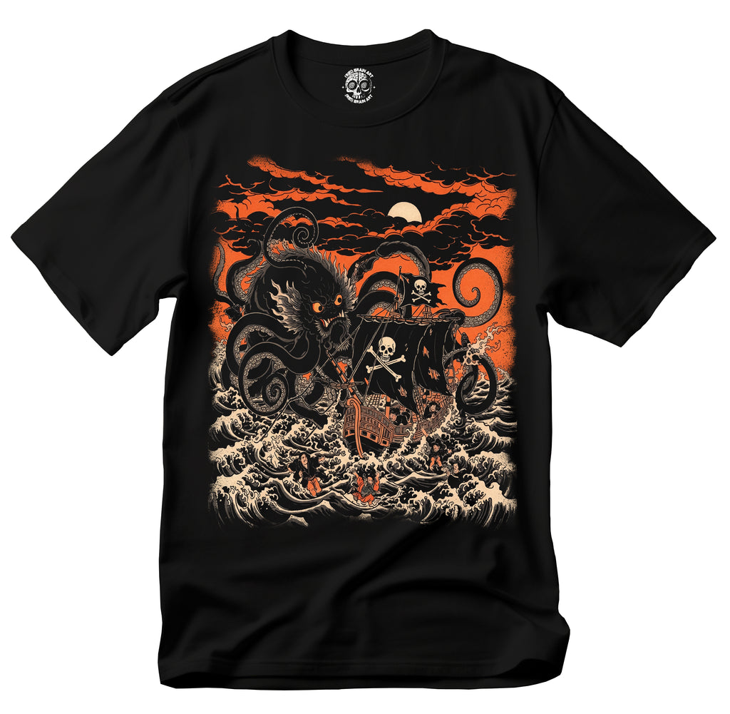 Kraken t-shirt in the style of traditional Japanese painting, octopus t-shirt, kraken attacking a pirate ship t-shirt, sailor t-shirt