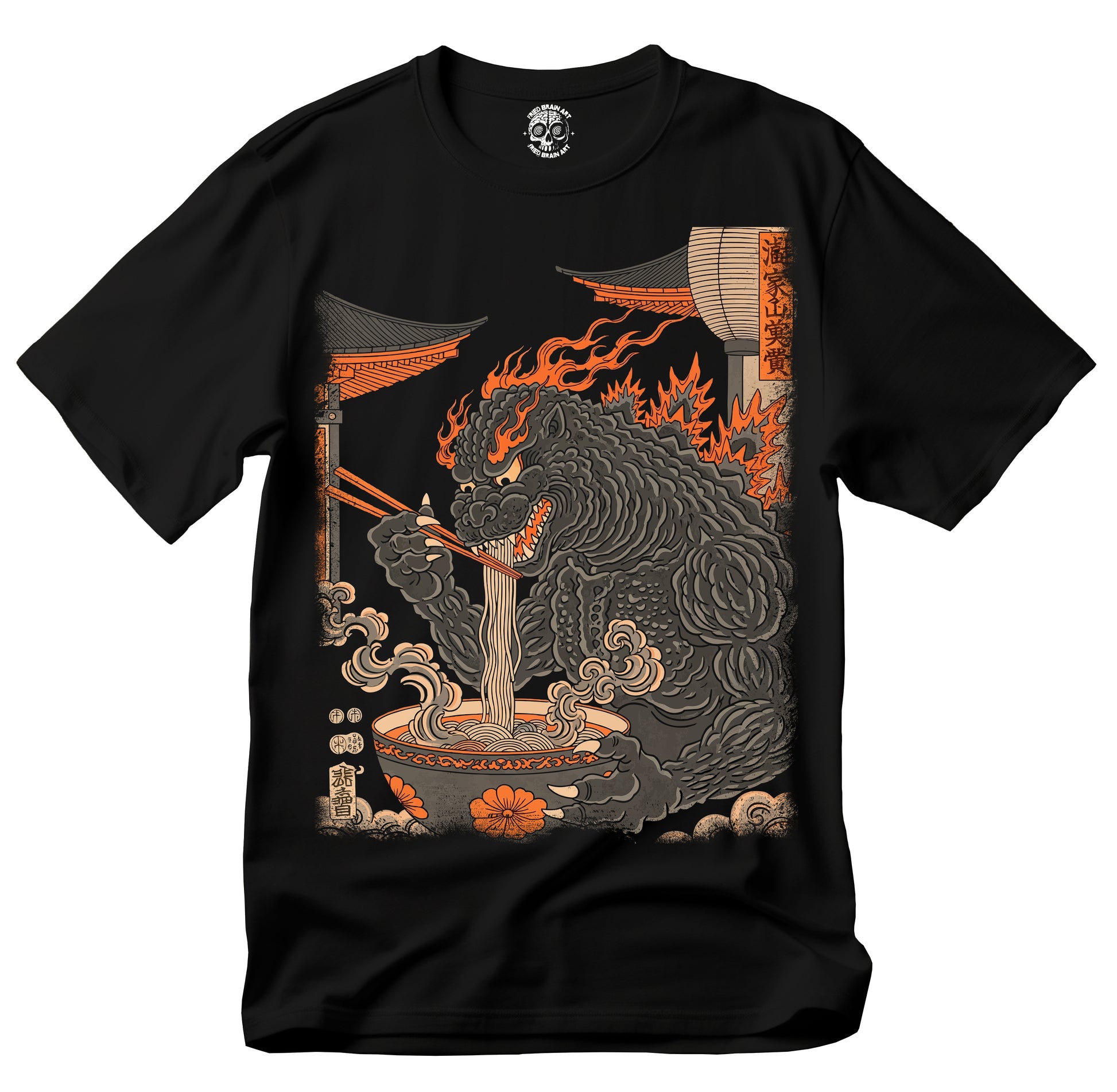 T-shirt of Godzilla eating ramen in the style of traditional Japanese painting, unisex Godzilla eating ramen T-shirt, ramen T-shirt