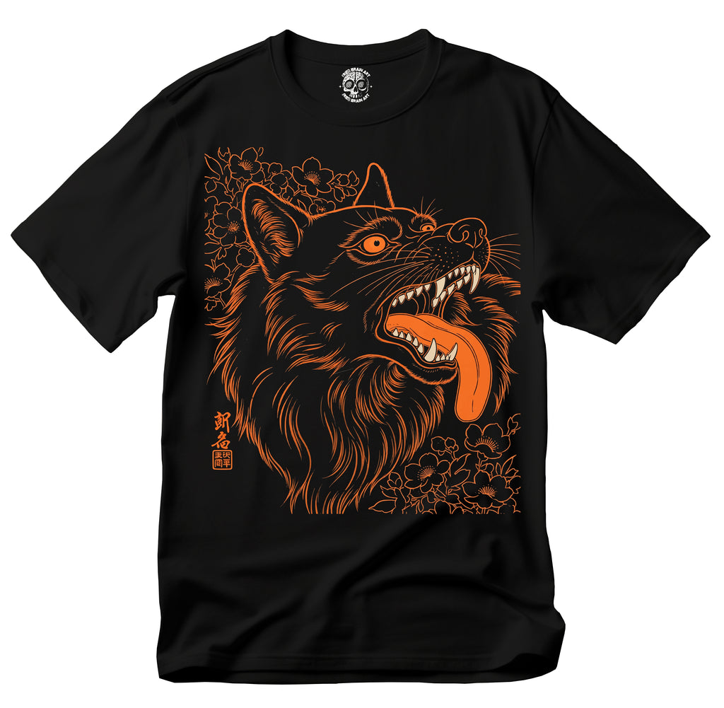 Black wolf shirt in Japanese painting style, Wildflower Wolf Shirt, Vintage Flowers Animal, Black Wolf T-Shirt