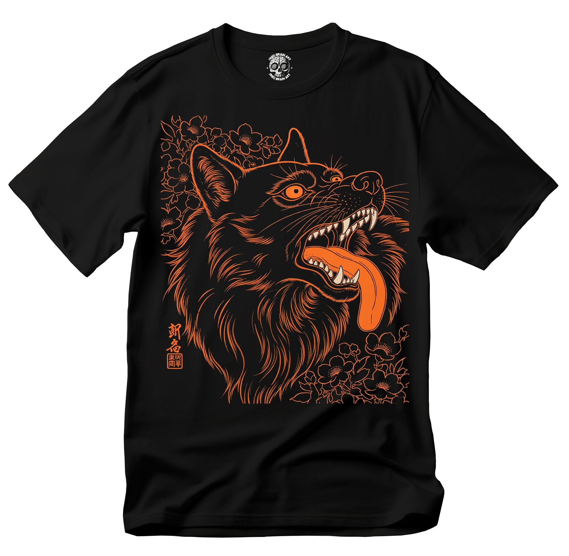 Black wolf shirt in Japanese painting style, Wildflower Wolf Shirt, Vintage Flowers Animal, Black Wolf T-Shirt