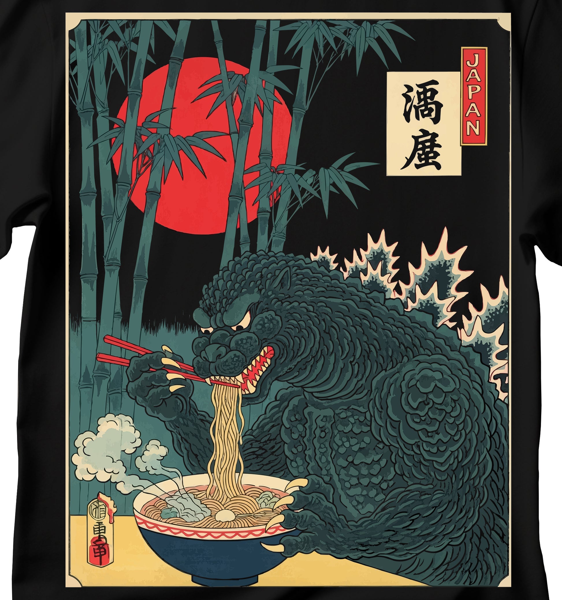 T-shirt of Godzilla eating ramen in the style of traditional Japanese painting, unisex Godzilla eating ramen T-shirt, ramen T-shirt