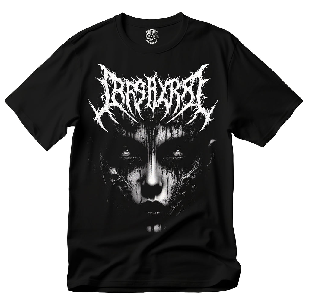 Dark art t-shirt of a woman's face with gothic style dark lettering, dark gothic art t-shirt