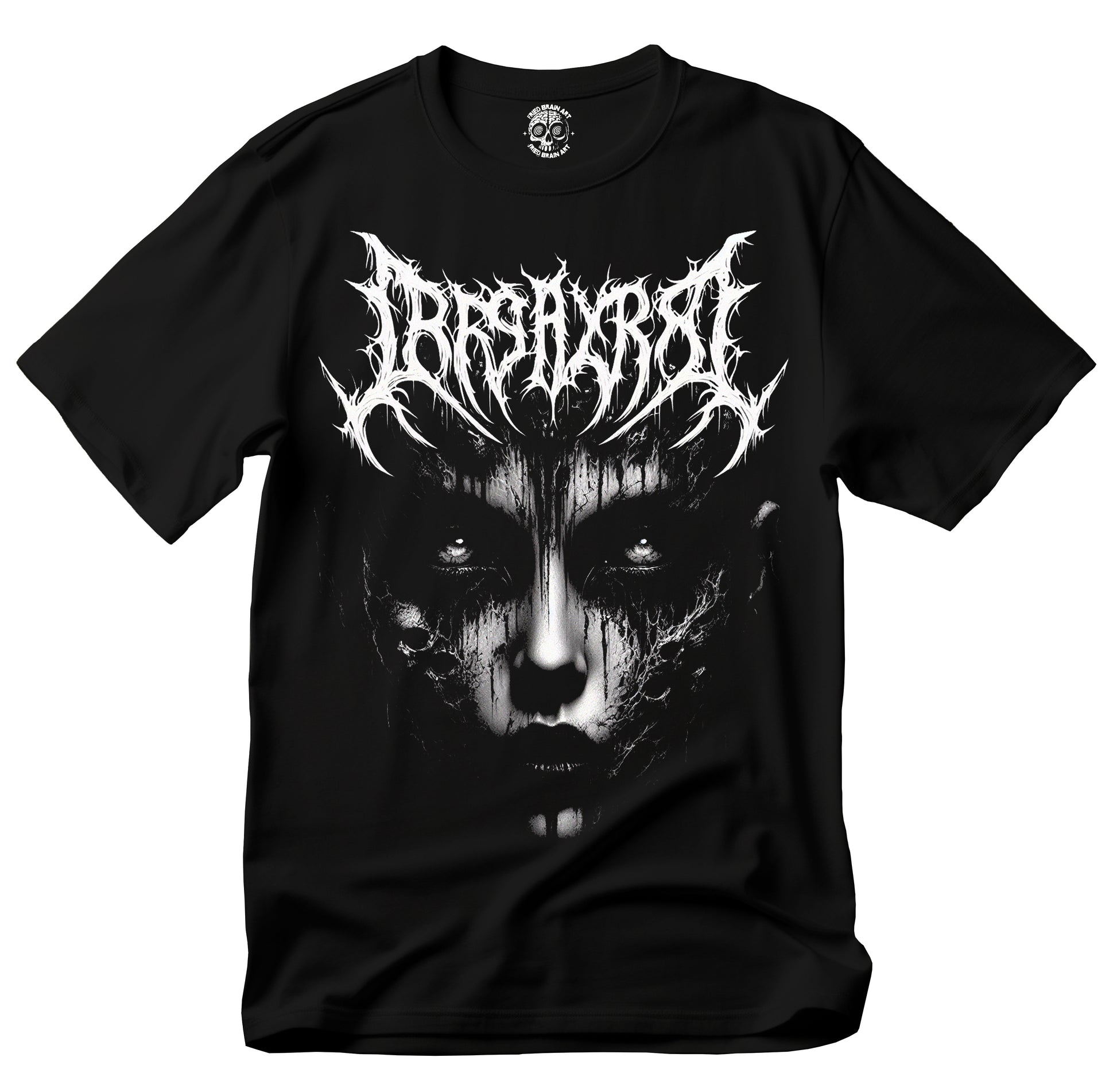 Dark art t-shirt of a woman's face with gothic style dark lettering, dark gothic art t-shirt