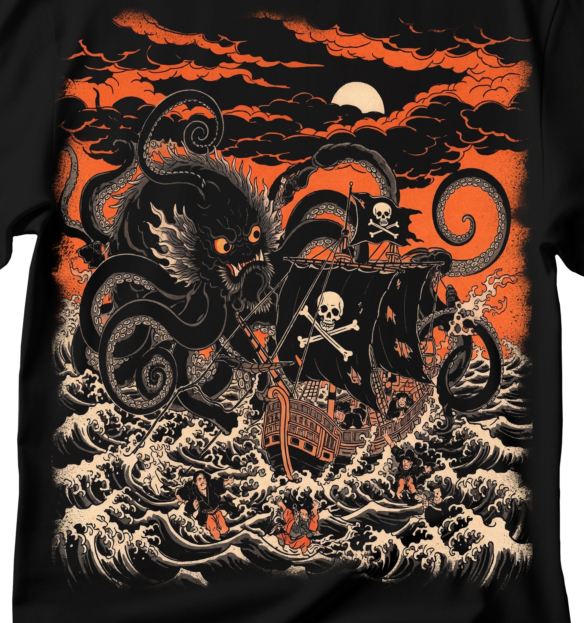 Kraken t-shirt in the style of traditional Japanese painting, octopus t-shirt, kraken attacking a pirate ship t-shirt, sailor t-shirt