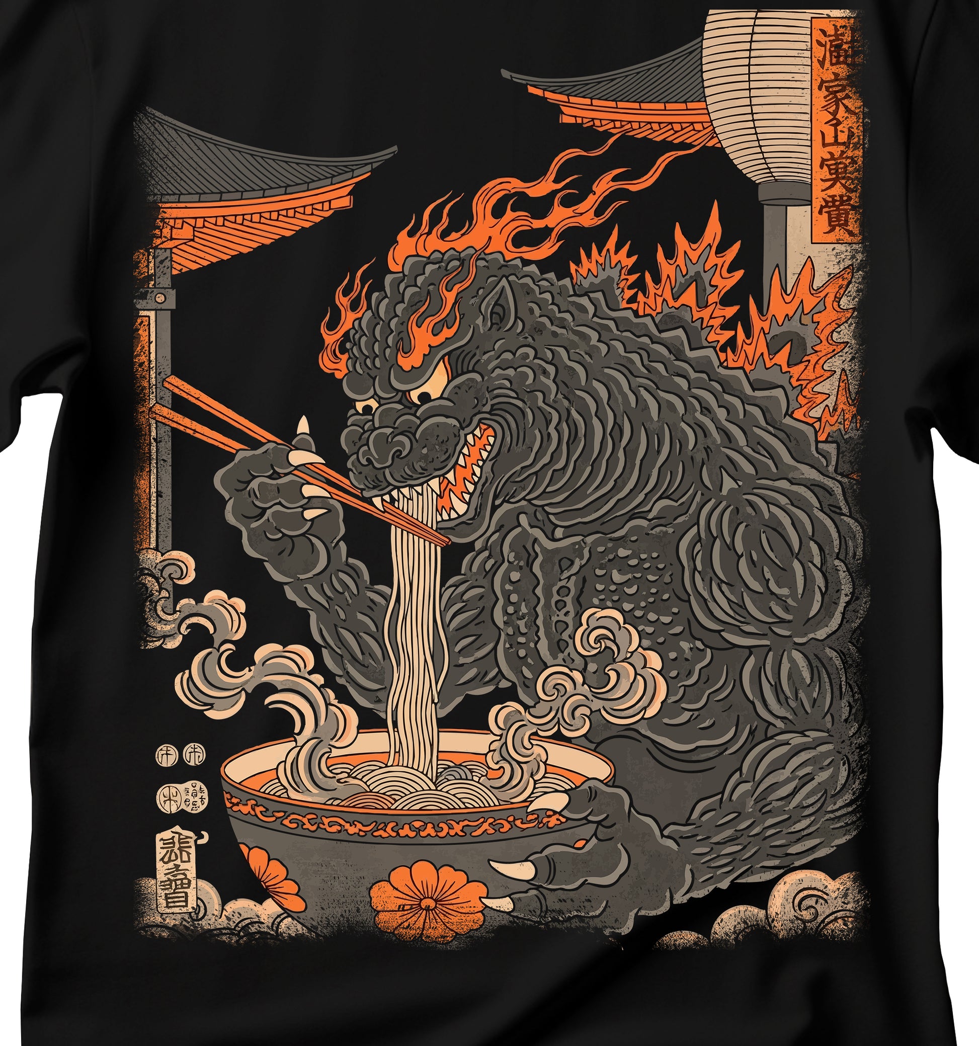T-shirt of Godzilla eating ramen in the style of traditional Japanese painting, unisex Godzilla eating ramen T-shirt, ramen T-shirt