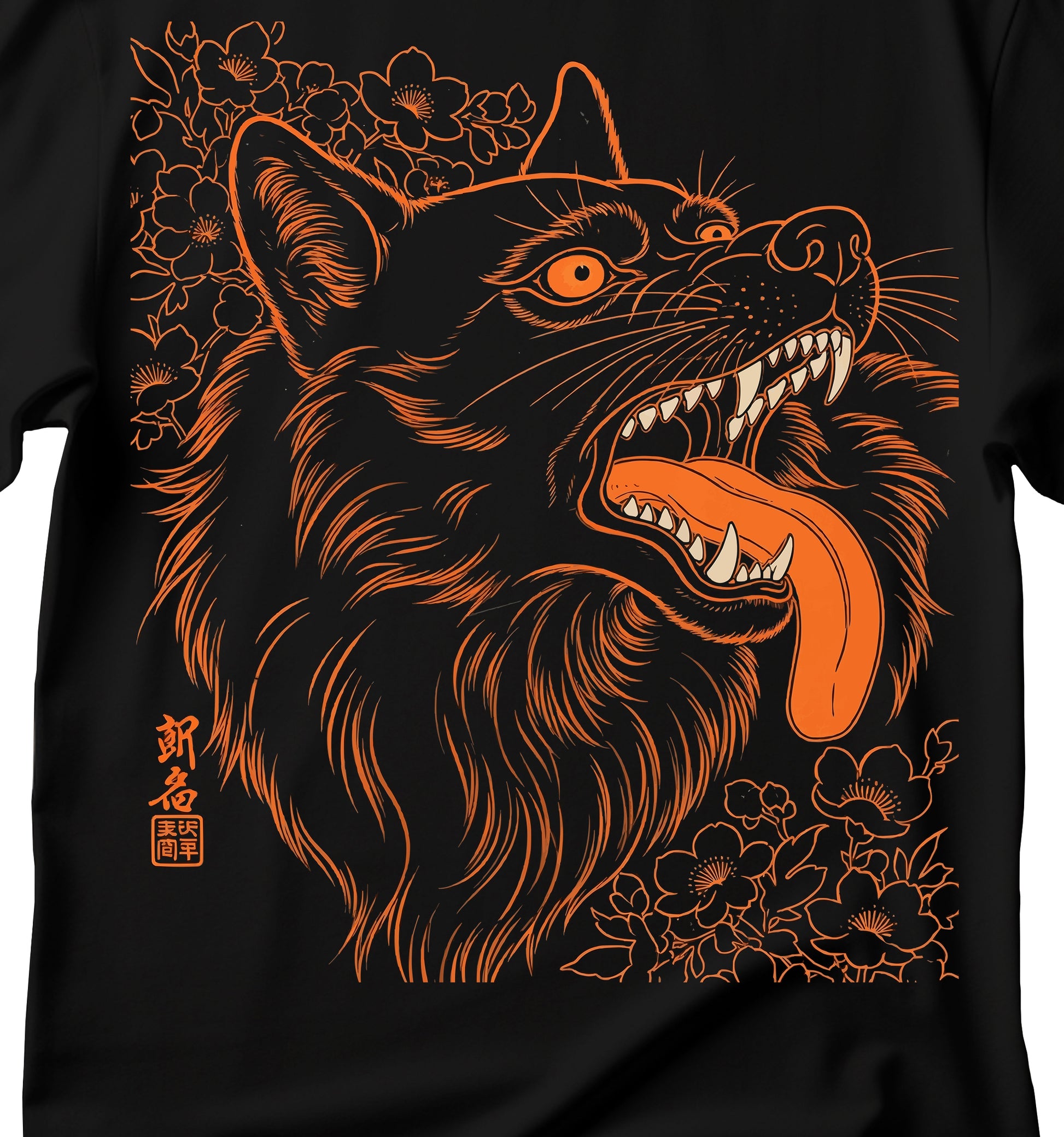 Black wolf shirt in Japanese painting style, Wildflower Wolf Shirt, Vintage Flowers Animal, Black Wolf T-Shirt