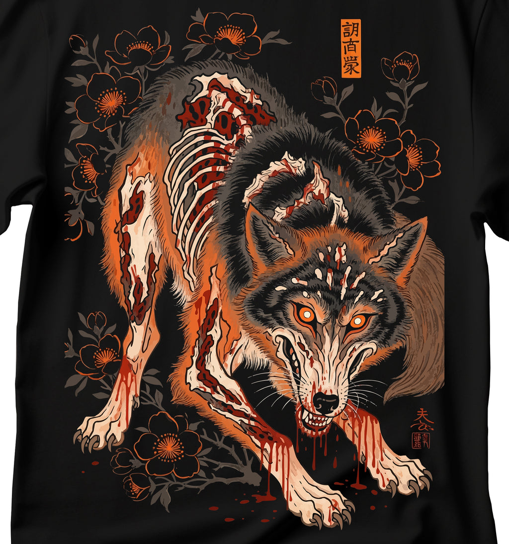 Black wolf shirt in Japanese painting style, Wildflower Wolf Shirt, Vintage Flowers Animal, Black wolf shirt