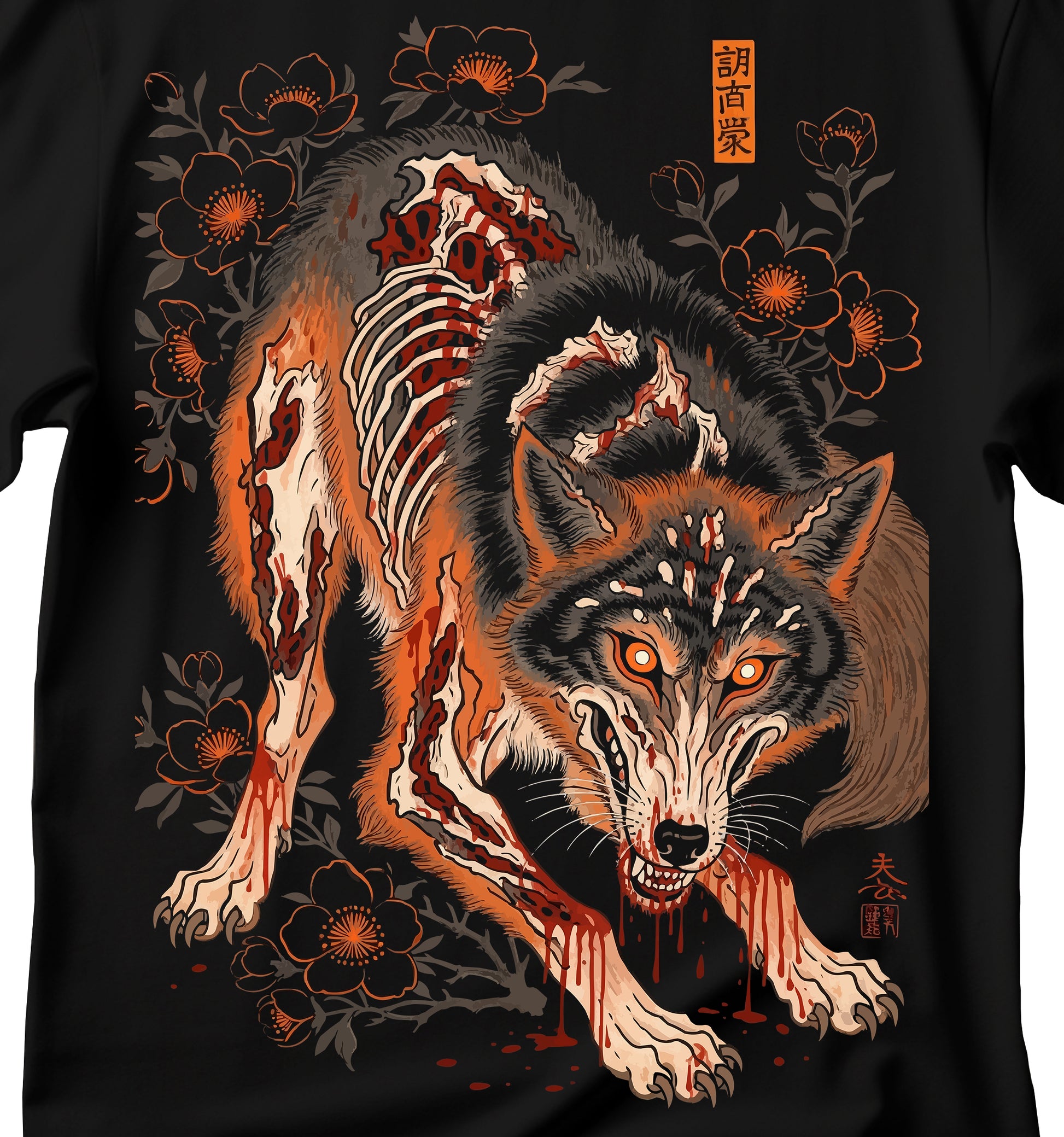 Black wolf shirt in Japanese painting style, Wildflower Wolf Shirt, Vintage Flowers Animal, Black wolf shirt