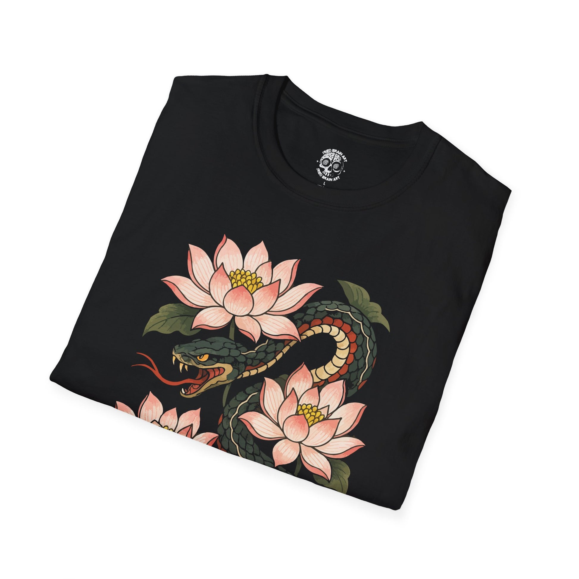 Serpent & Lotus Graphic Tee, Japanese style snake t-shirt with lotto flowers, snake t-shirt, lotto flowers t-shirt, traditional Japanese art t-shirt