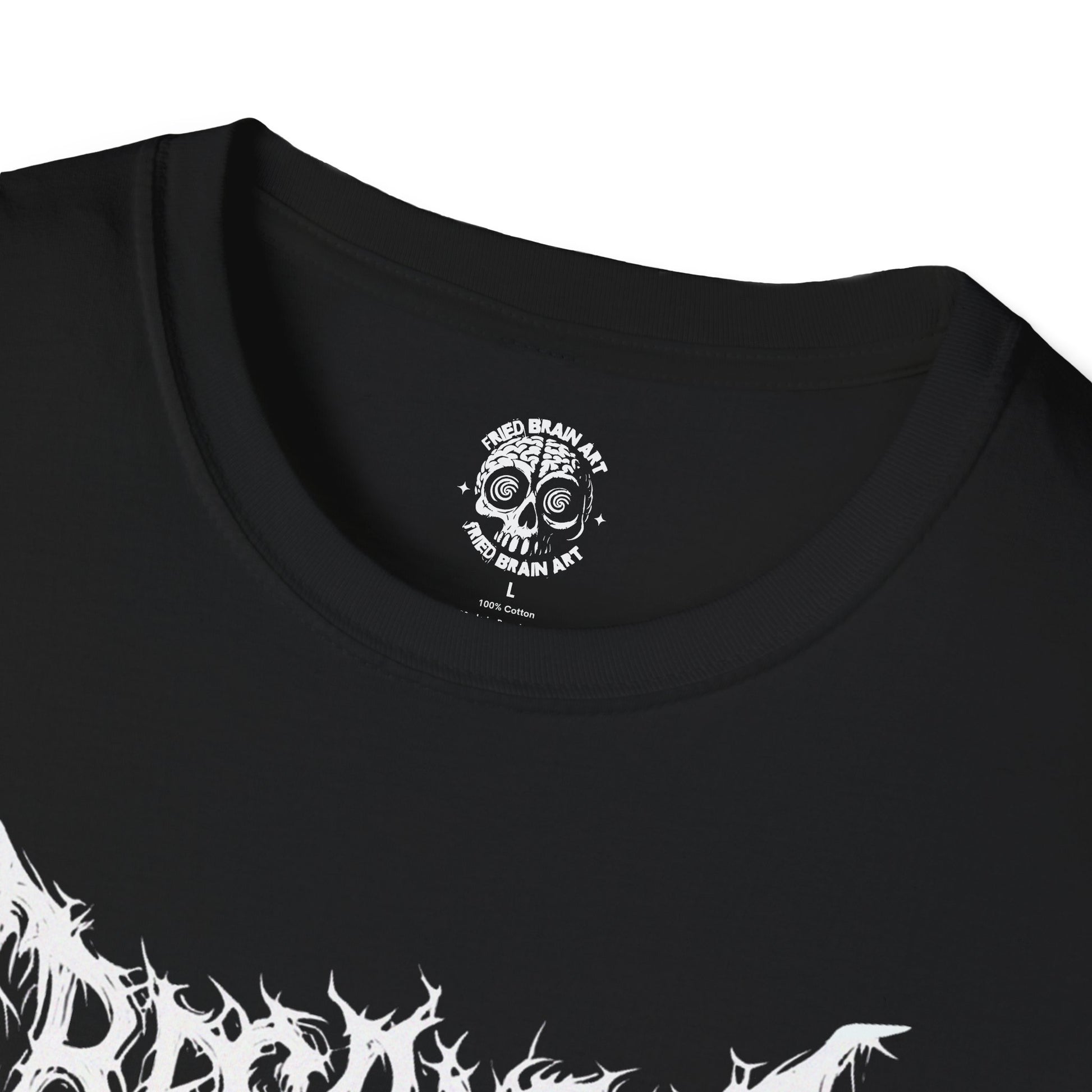 Dark art t-shirt of a woman's face with gothic style dark lettering, dark gothic art t-shirt