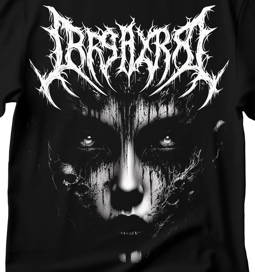 Dark art t-shirt of a woman's face with gothic style dark lettering, dark gothic art t-shirt