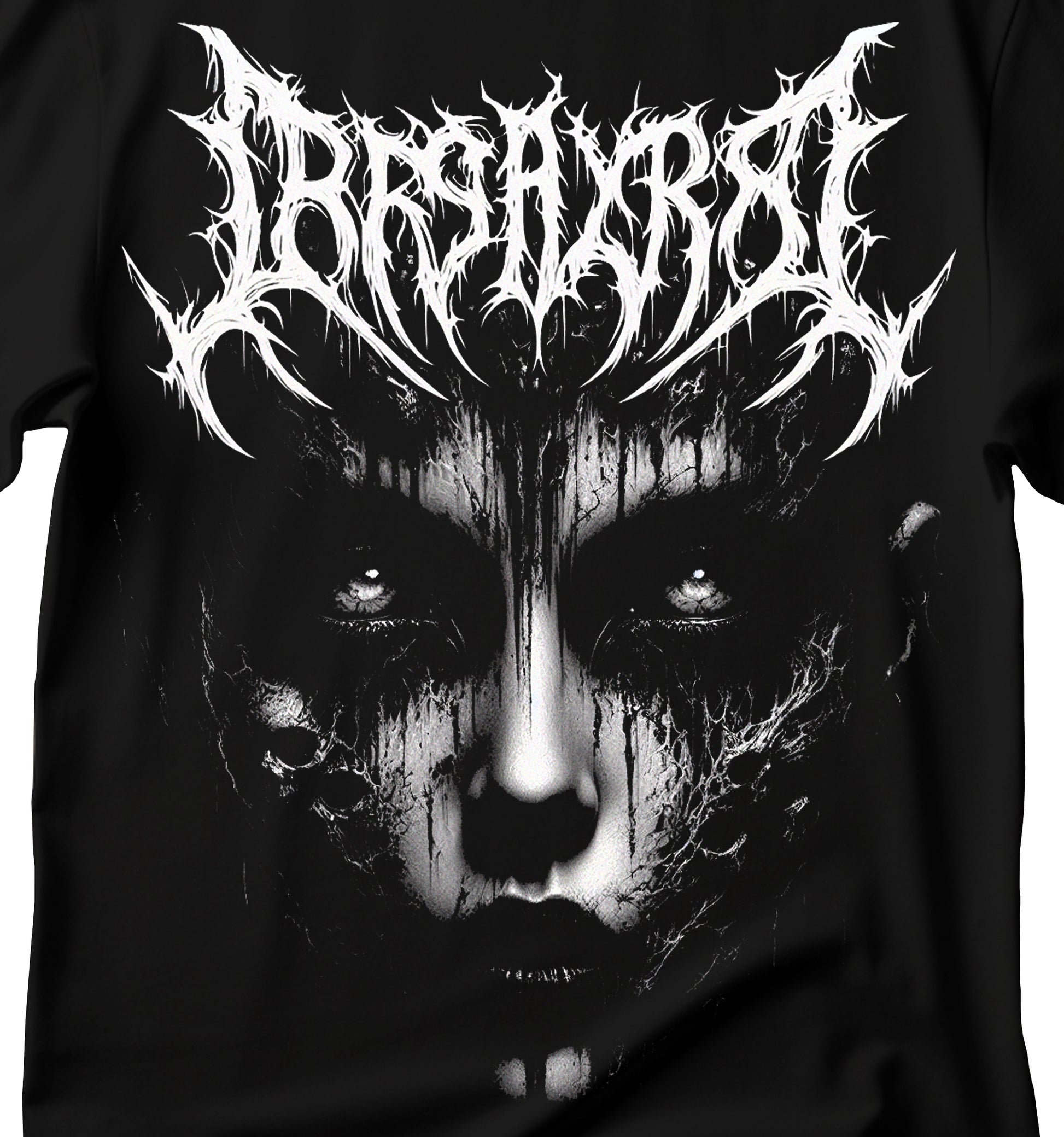 Dark art t-shirt of a woman's face with gothic style dark lettering, dark gothic art t-shirt