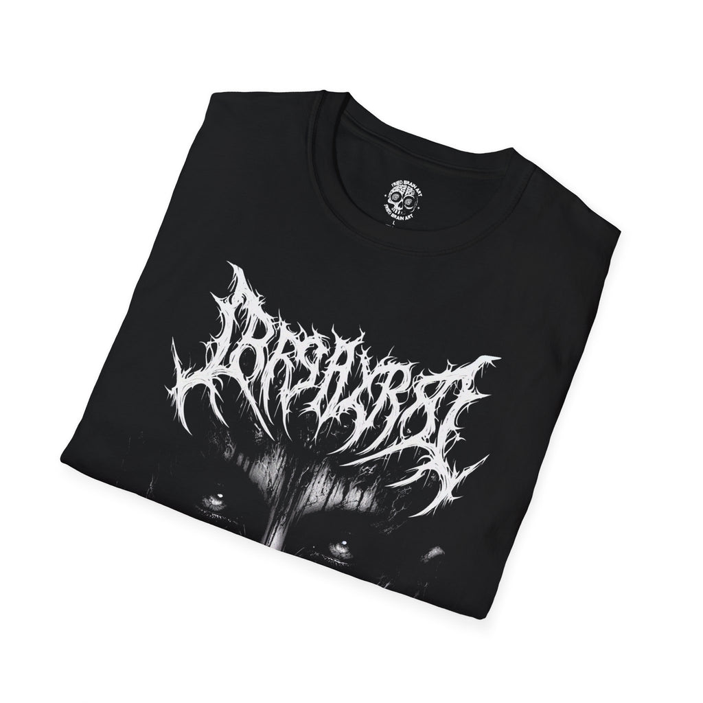 Dark art t-shirt of a woman's face with gothic style dark lettering, dark gothic art t-shirt