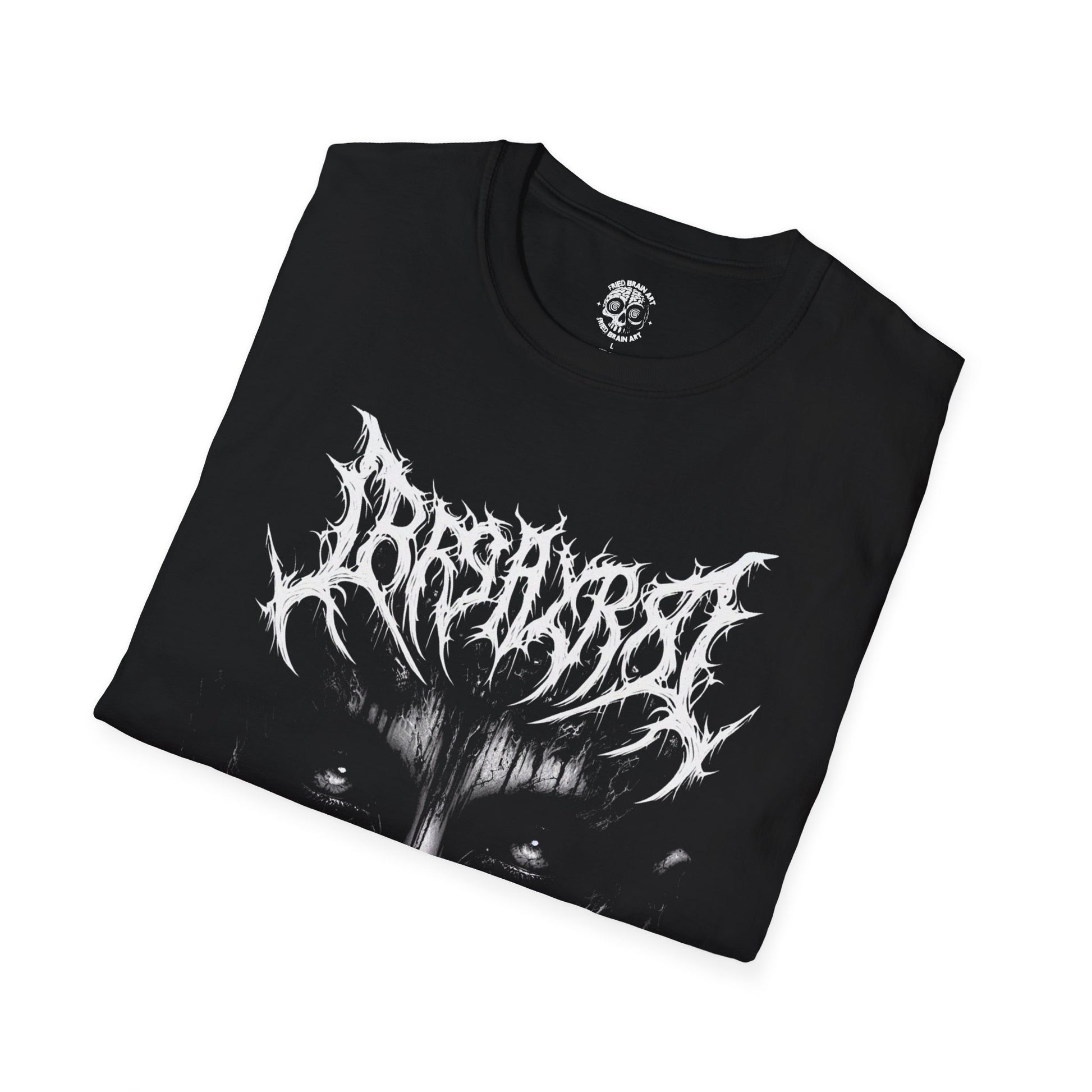 Dark art t-shirt of a woman's face with gothic style dark lettering, dark gothic art t-shirt