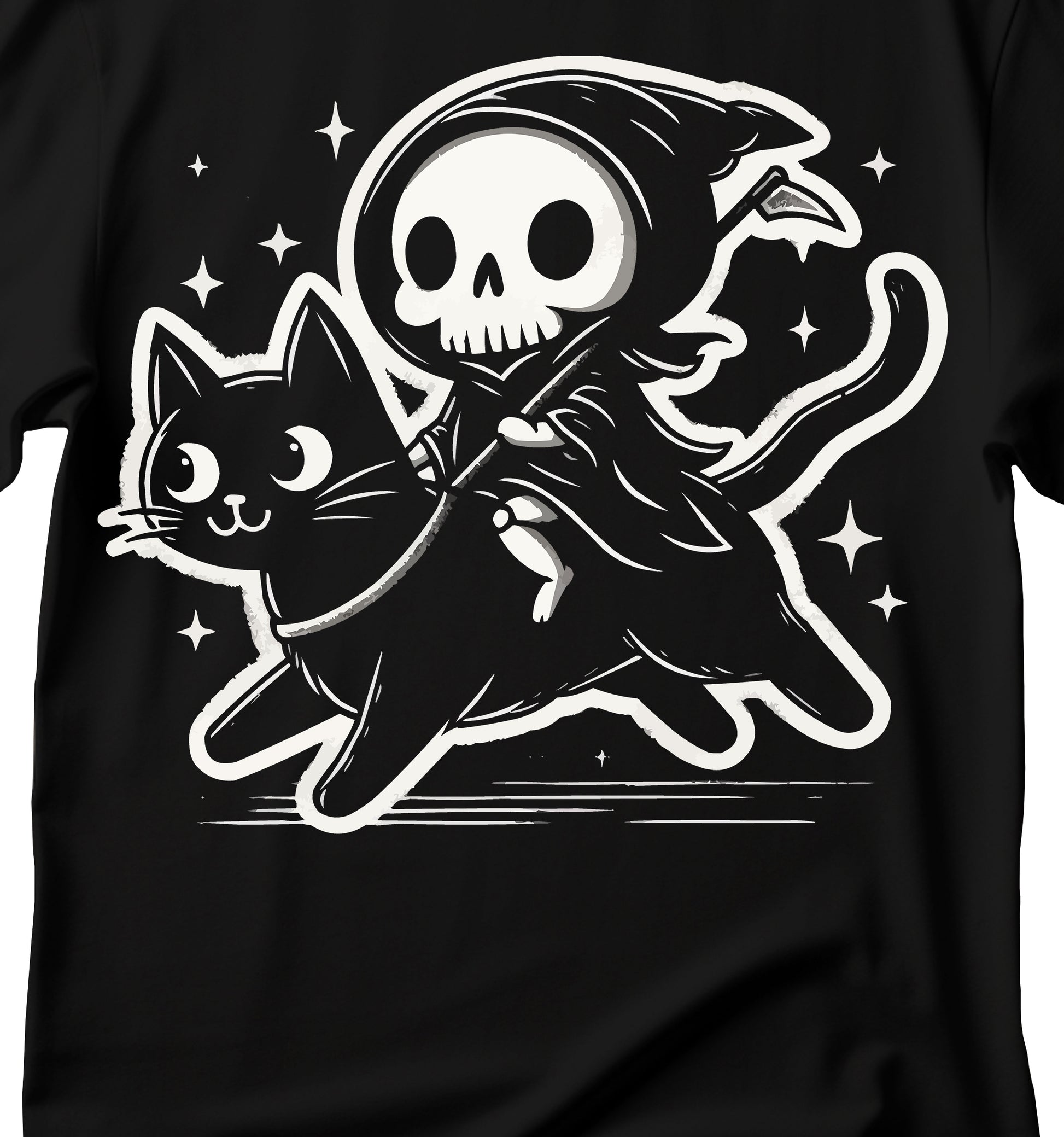 Funny t-shirt of death riding a cat, Spooky Cat Adventure T-Shirt, Reaper & Cat Design T-Shirt, Halloween Apparel, Gift for Cat Lovers