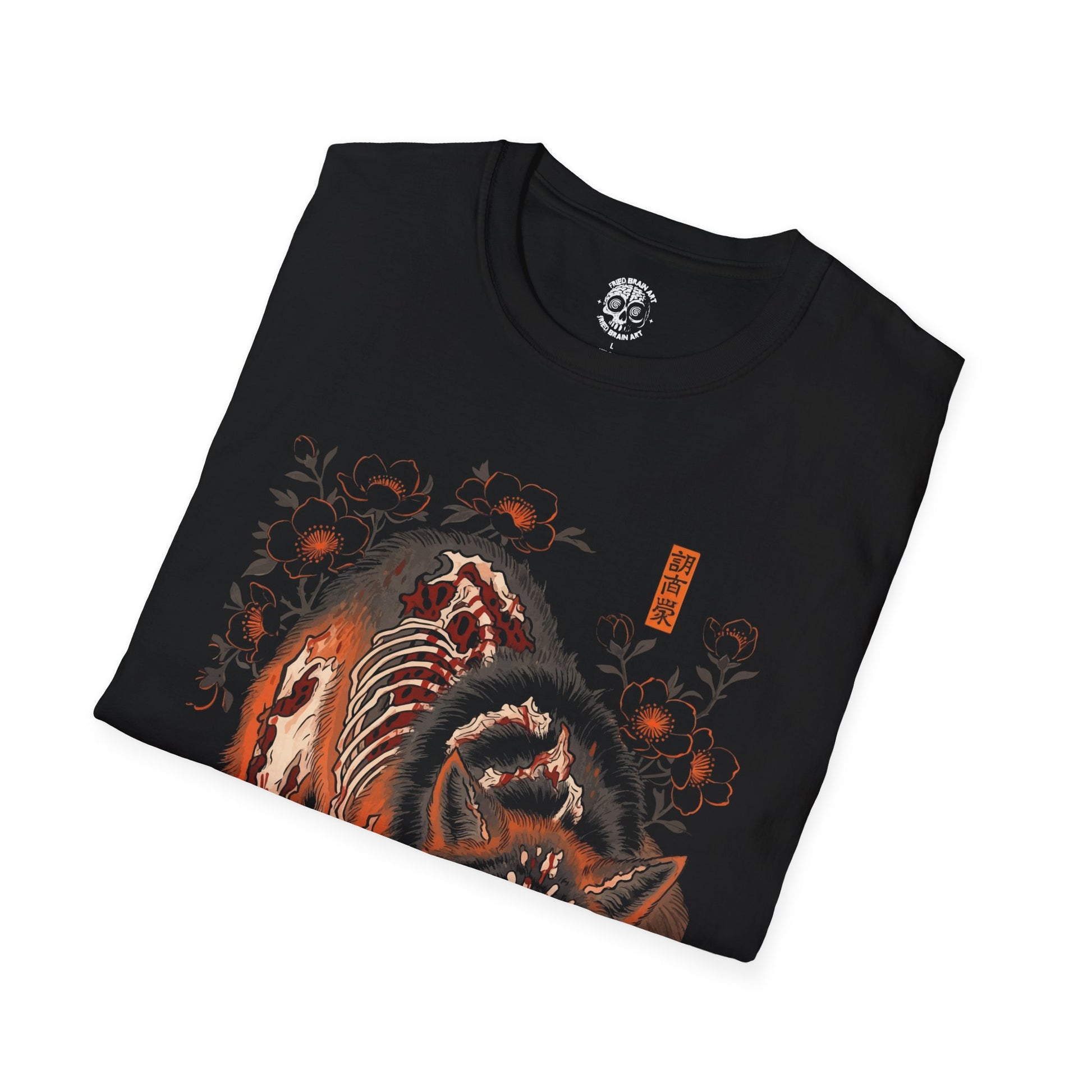 Black wolf shirt in Japanese painting style, Wildflower Wolf Shirt, Vintage Flowers Animal, Black wolf shirt