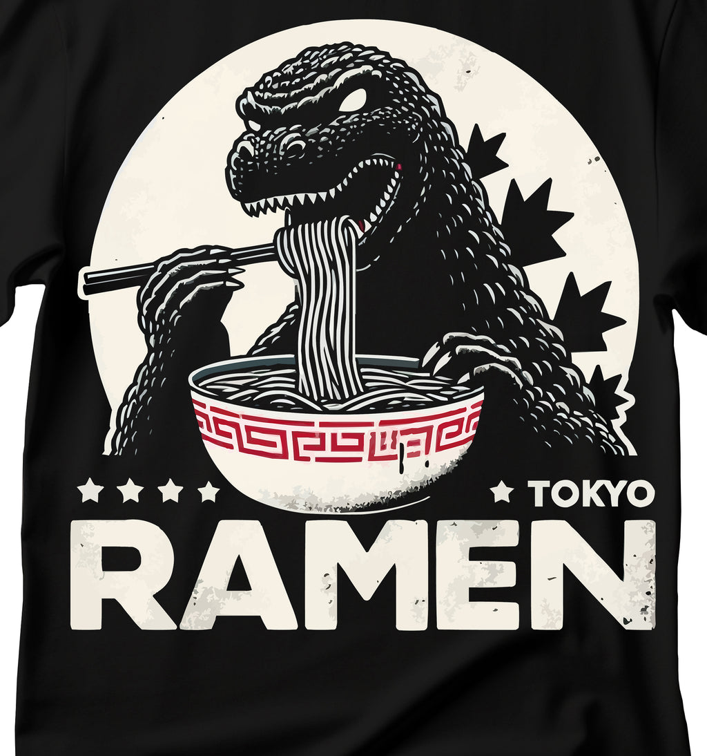 Godzilla Ramen T-Shirt, Vintage Godzilla Giant Monster eating ramen T-shirt, Funny Godzilla Ramen Shirt,  Funny Dinosaur eating ramen T- shirt, Japanese Food Shirt
