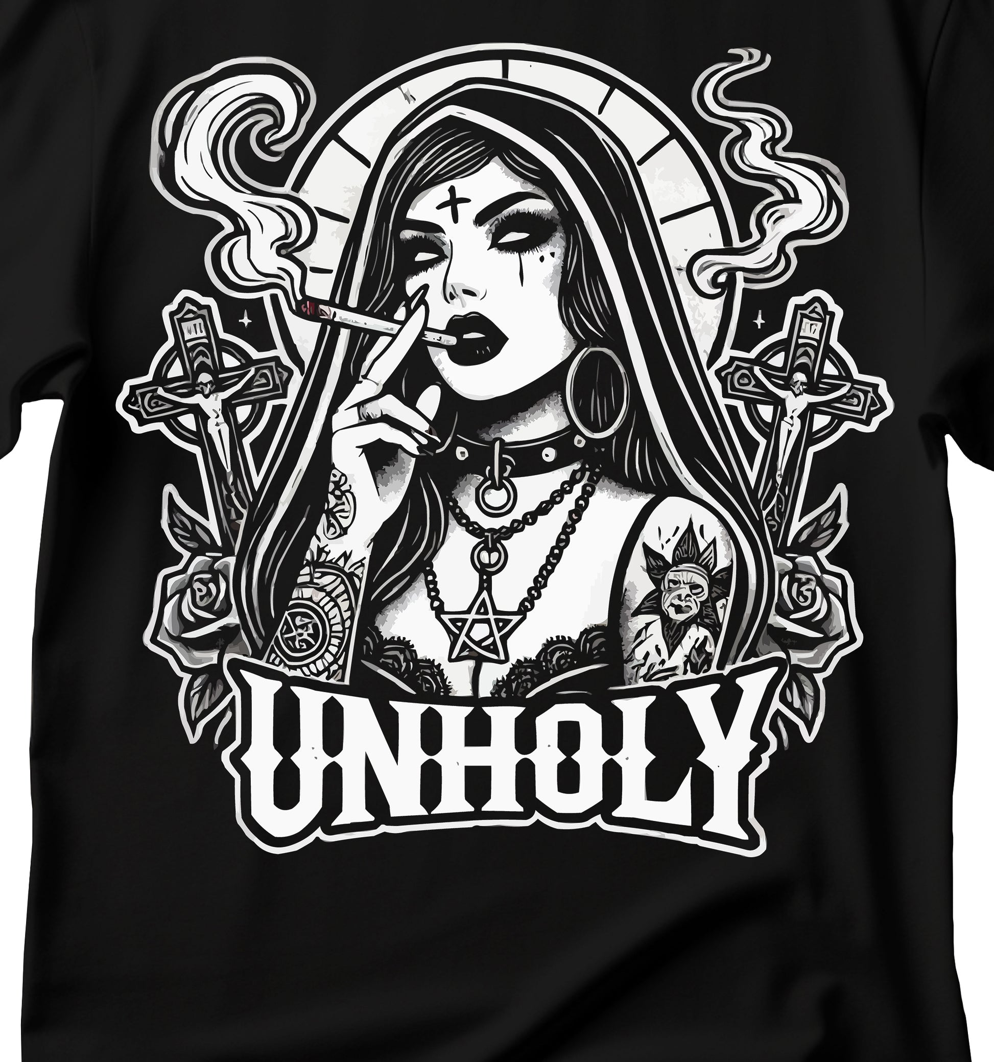 Unholy Nun T- Shirt, Funny Horror Choked Up Unholy Nun Satan Baphomet Gothic T-Shirt, Nun Shirt, Unholy Shirt, Halloween Shirt, Dark nun