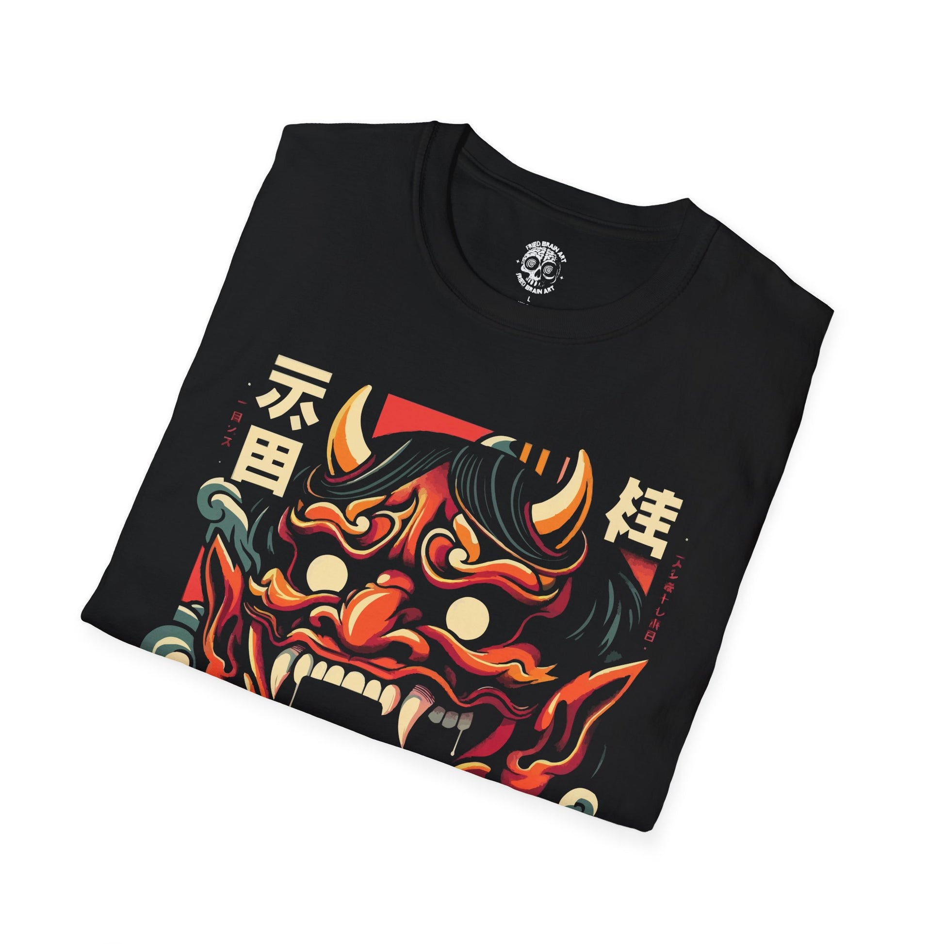 Japanese Mask Demon Graphic Tee, Unisex Softstyle T-Shirt for Halloween, Streetwear, Casual Wear, Gift for Friends, Unique Art Shirt