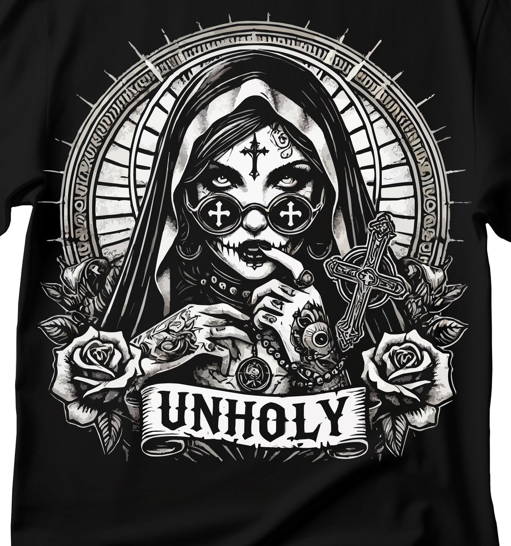 Unholy Nun T- Shirt, Funny Horror Choked Up Unholy Nun Satan Baphomet Gothic T-Shirt, Nun Shirt, Unholy Shirt, Halloween Shirt, Dark nun