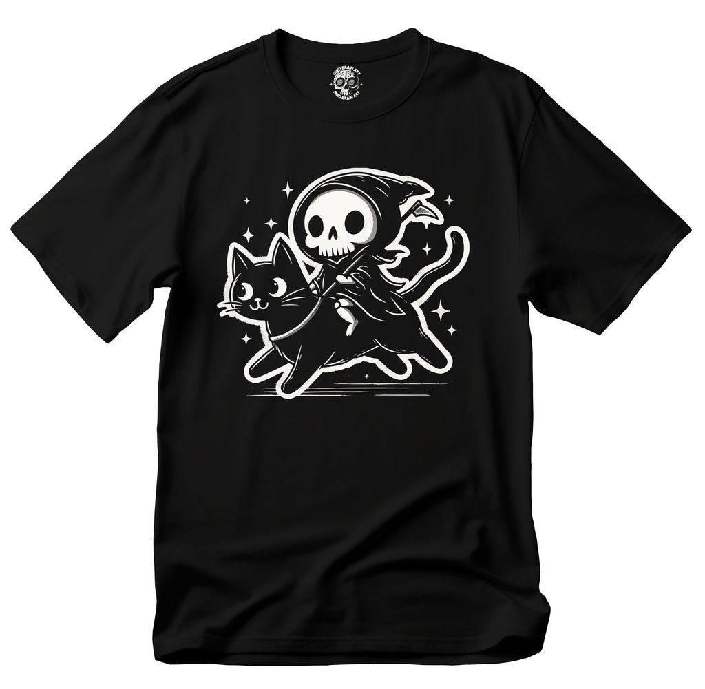 Funny t-shirt of death riding a cat, Spooky Cat Adventure T-Shirt, Reaper & Cat Design T-Shirt, Halloween Apparel, Gift for Cat Lovers