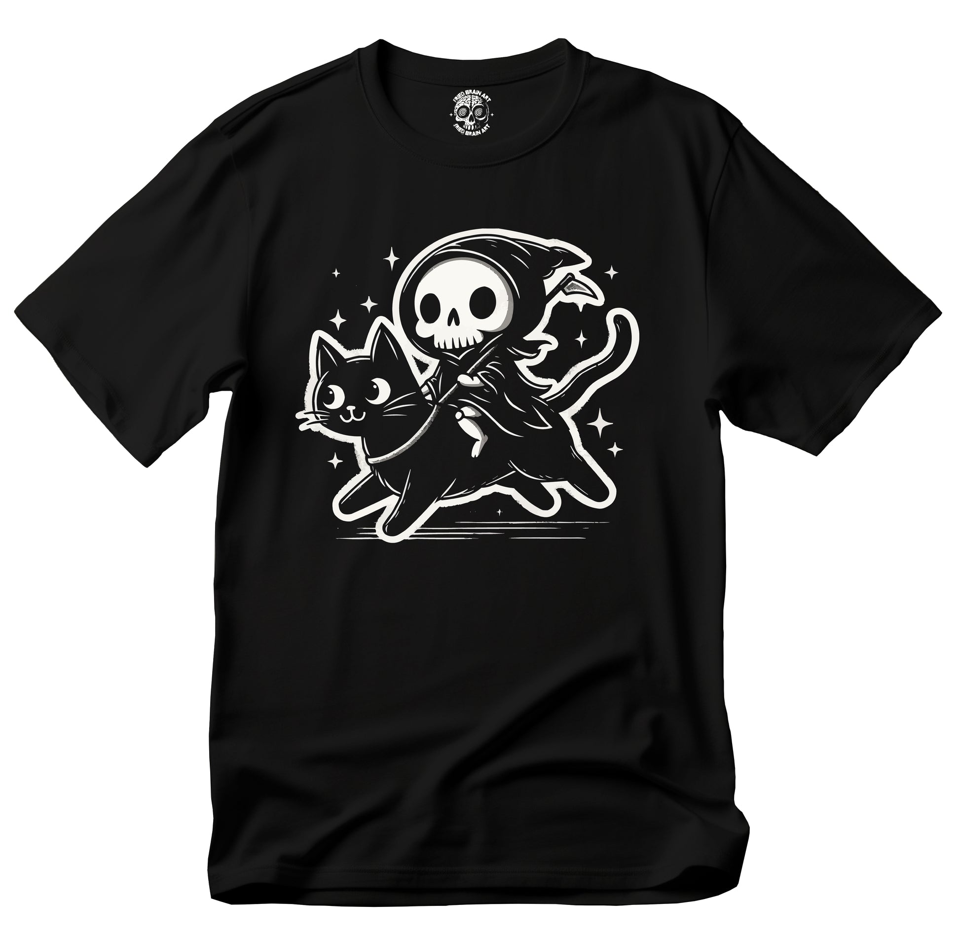 Funny t-shirt of death riding a cat, Spooky Cat Adventure T-Shirt, Reaper & Cat Design T-Shirt, Halloween Apparel, Gift for Cat Lovers