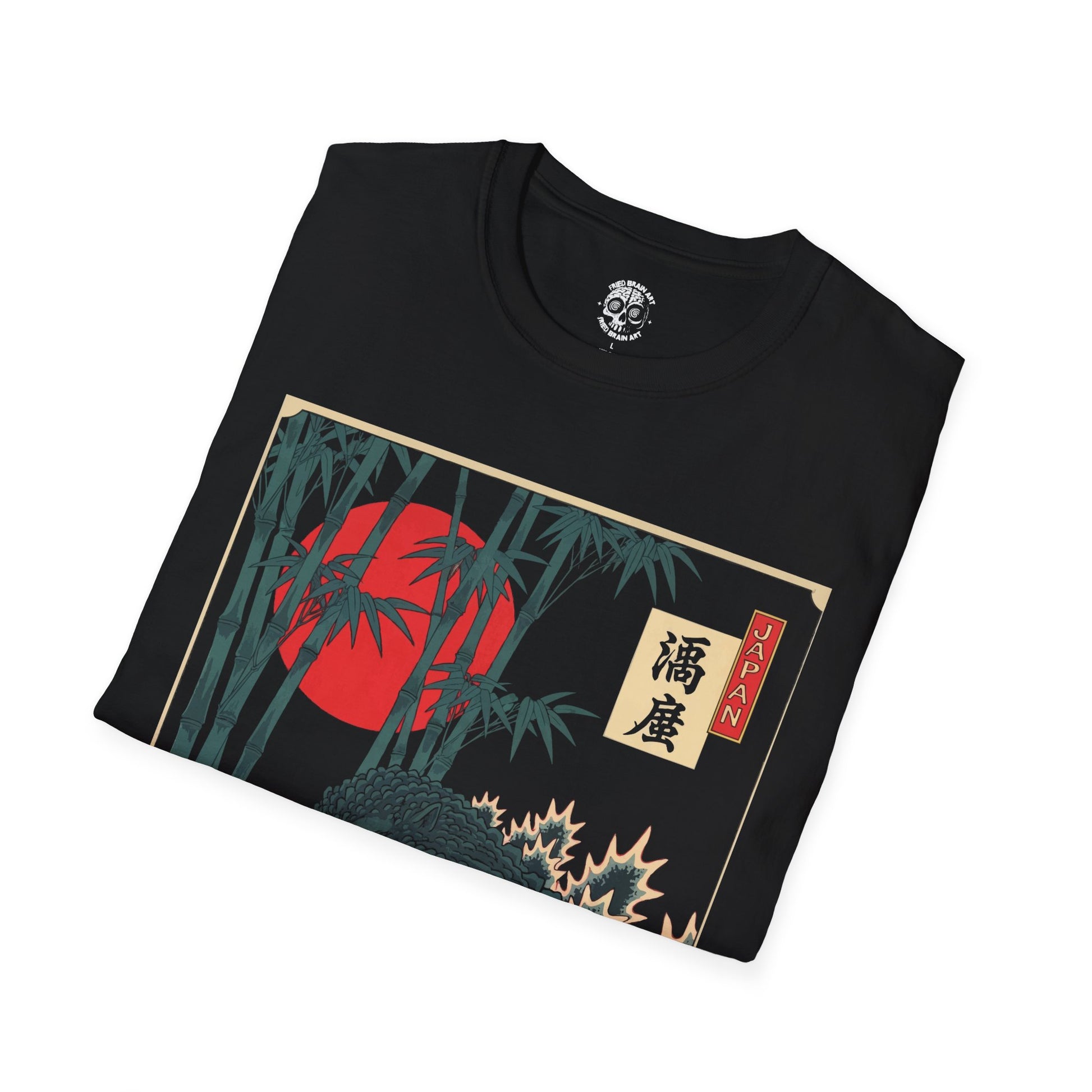 T-shirt of Godzilla eating ramen in the style of traditional Japanese painting, unisex Godzilla eating ramen T-shirt, ramen T-shirt