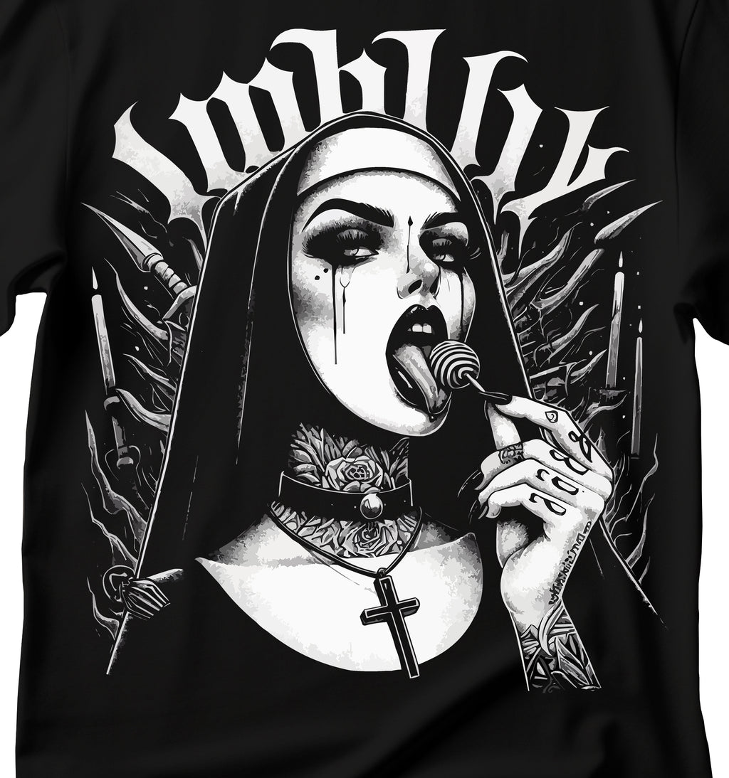 Unholy Nun T- Shirt, Funny Horror Choked Up Unholy Nun Satan Baphomet Gothic T-Shirt, Nun Shirt, Unholy Shirt, Halloween Shirt, Dark nun