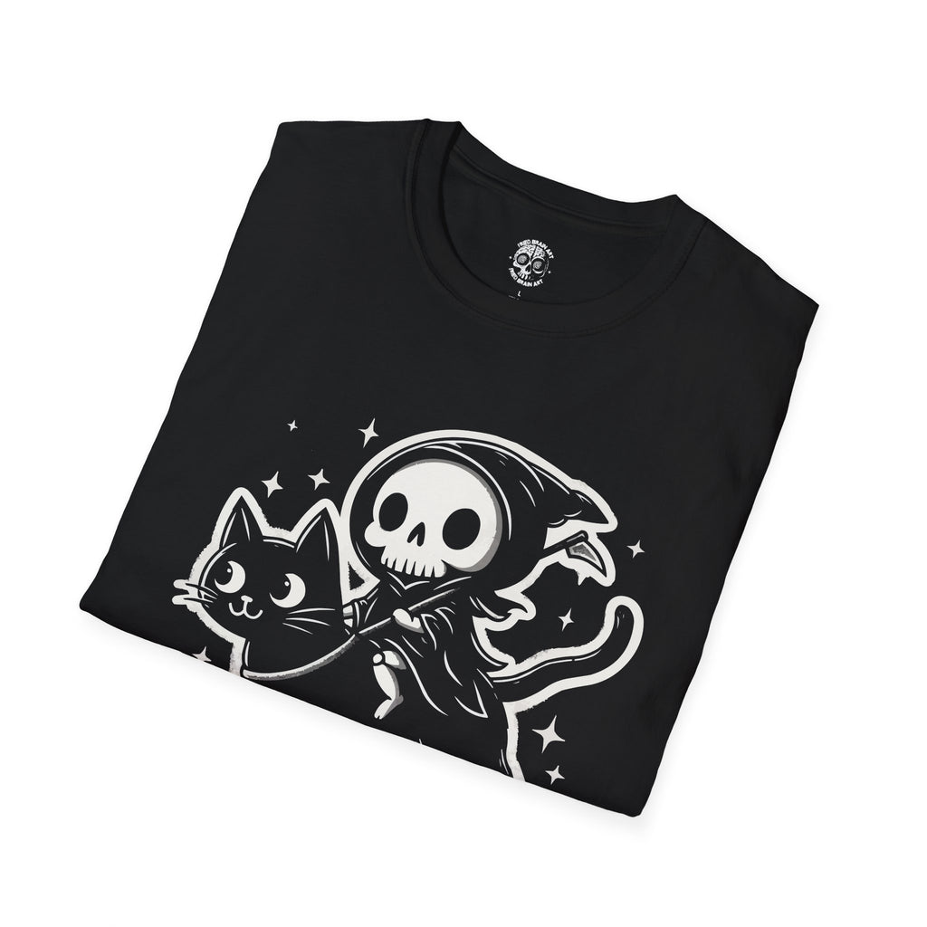 Funny t-shirt of death riding a cat, Spooky Cat Adventure T-Shirt, Reaper & Cat Design T-Shirt, Halloween Apparel, Gift for Cat Lovers