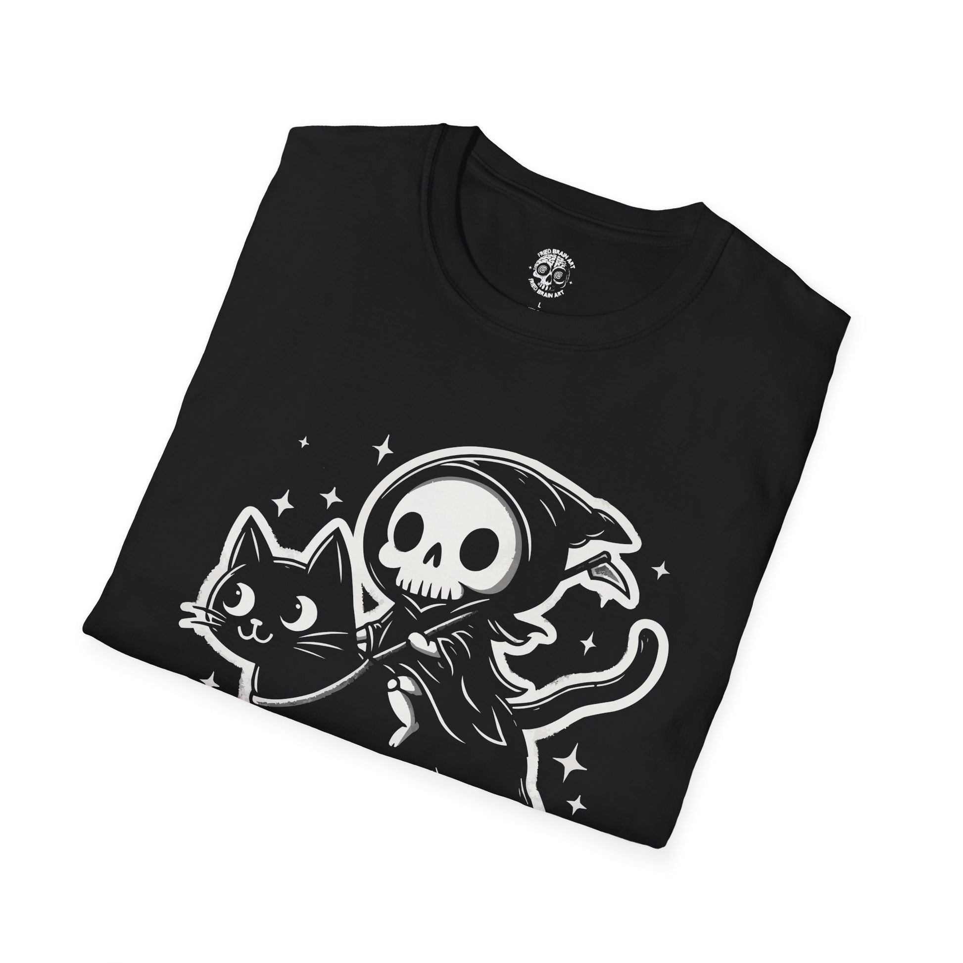 Funny t-shirt of death riding a cat, Spooky Cat Adventure T-Shirt, Reaper & Cat Design T-Shirt, Halloween Apparel, Gift for Cat Lovers