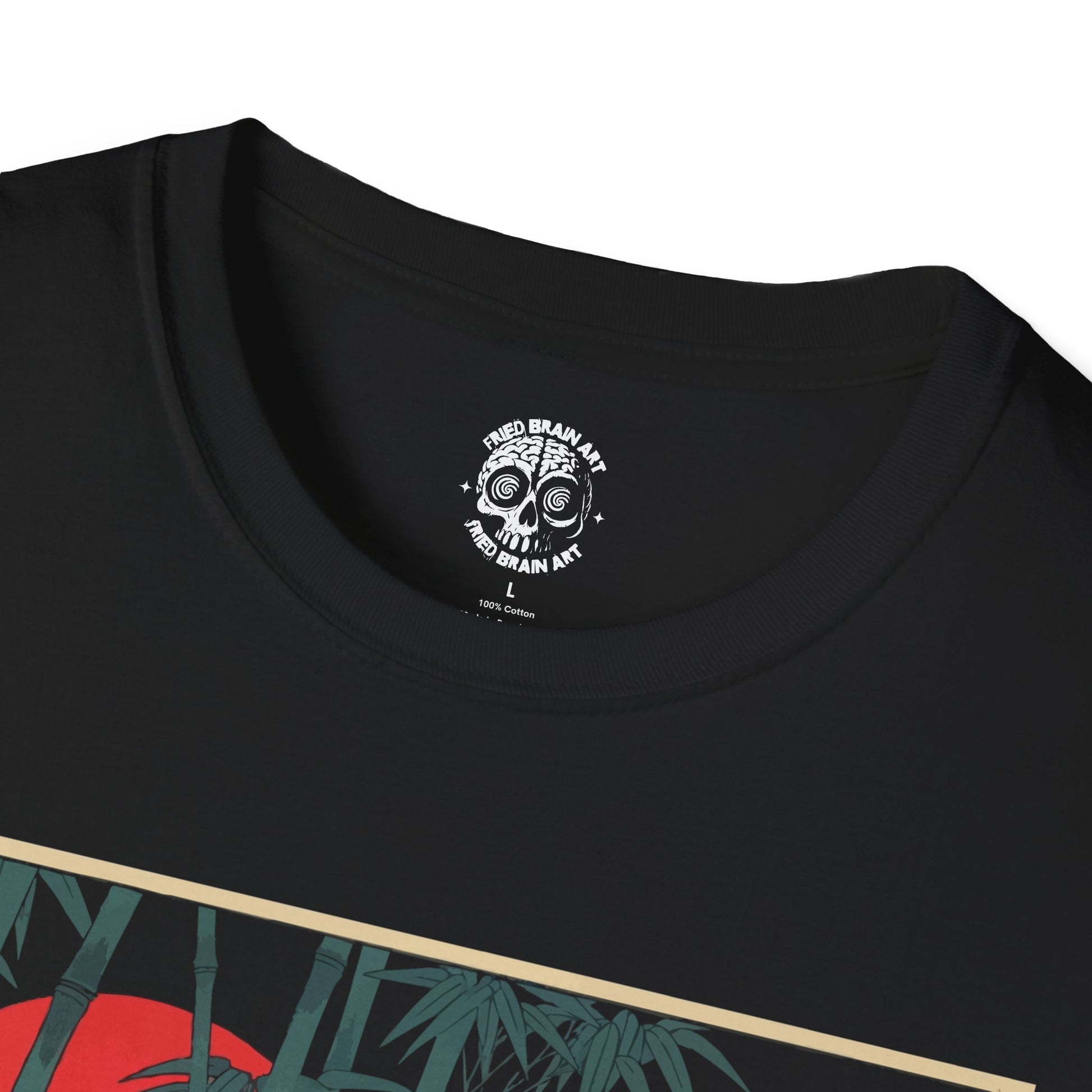 T-shirt of Godzilla eating ramen in the style of traditional Japanese painting, unisex Godzilla eating ramen T-shirt, ramen T-shirt