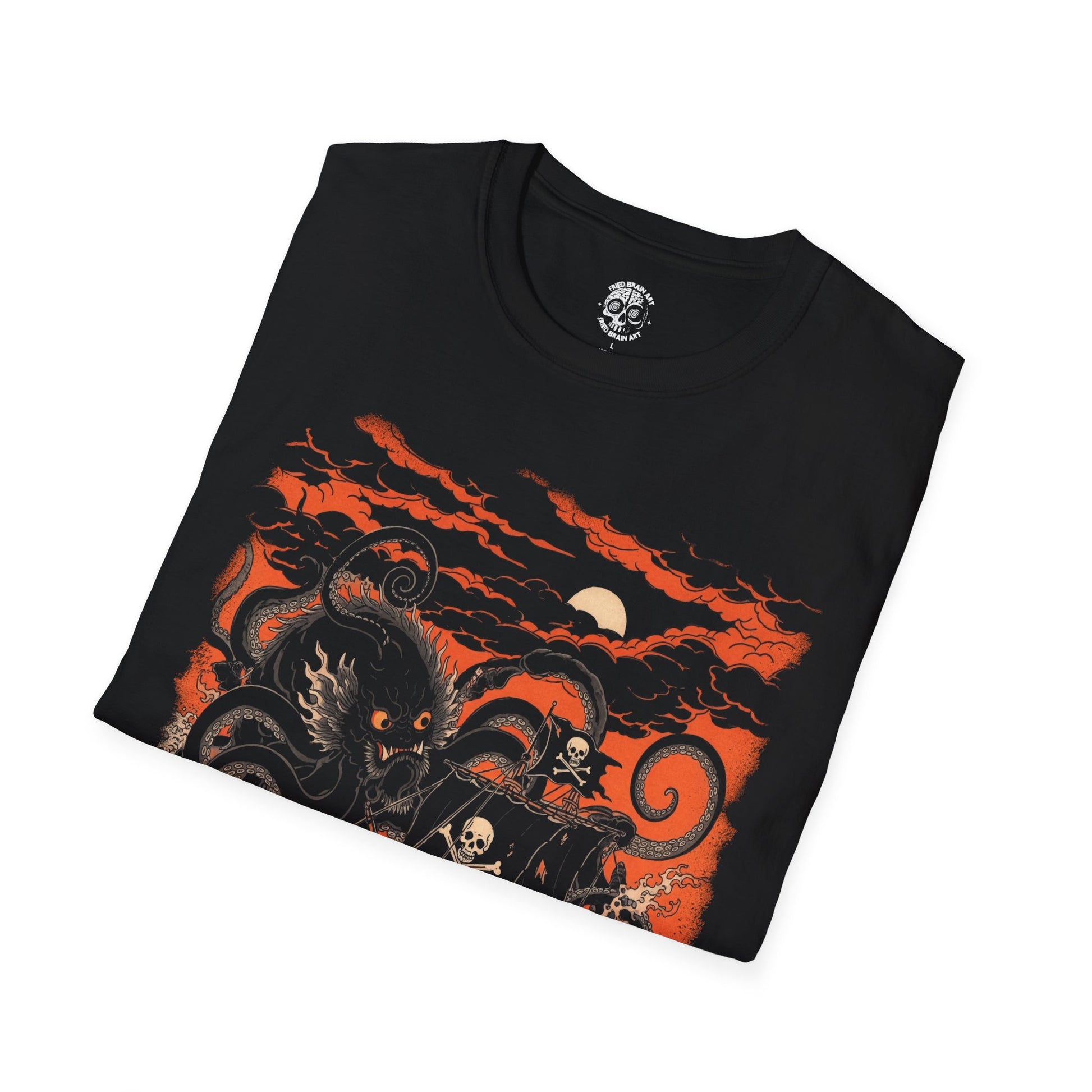 Kraken t-shirt in the style of traditional Japanese painting, octopus t-shirt, kraken attacking a pirate ship t-shirt, sailor t-shirt