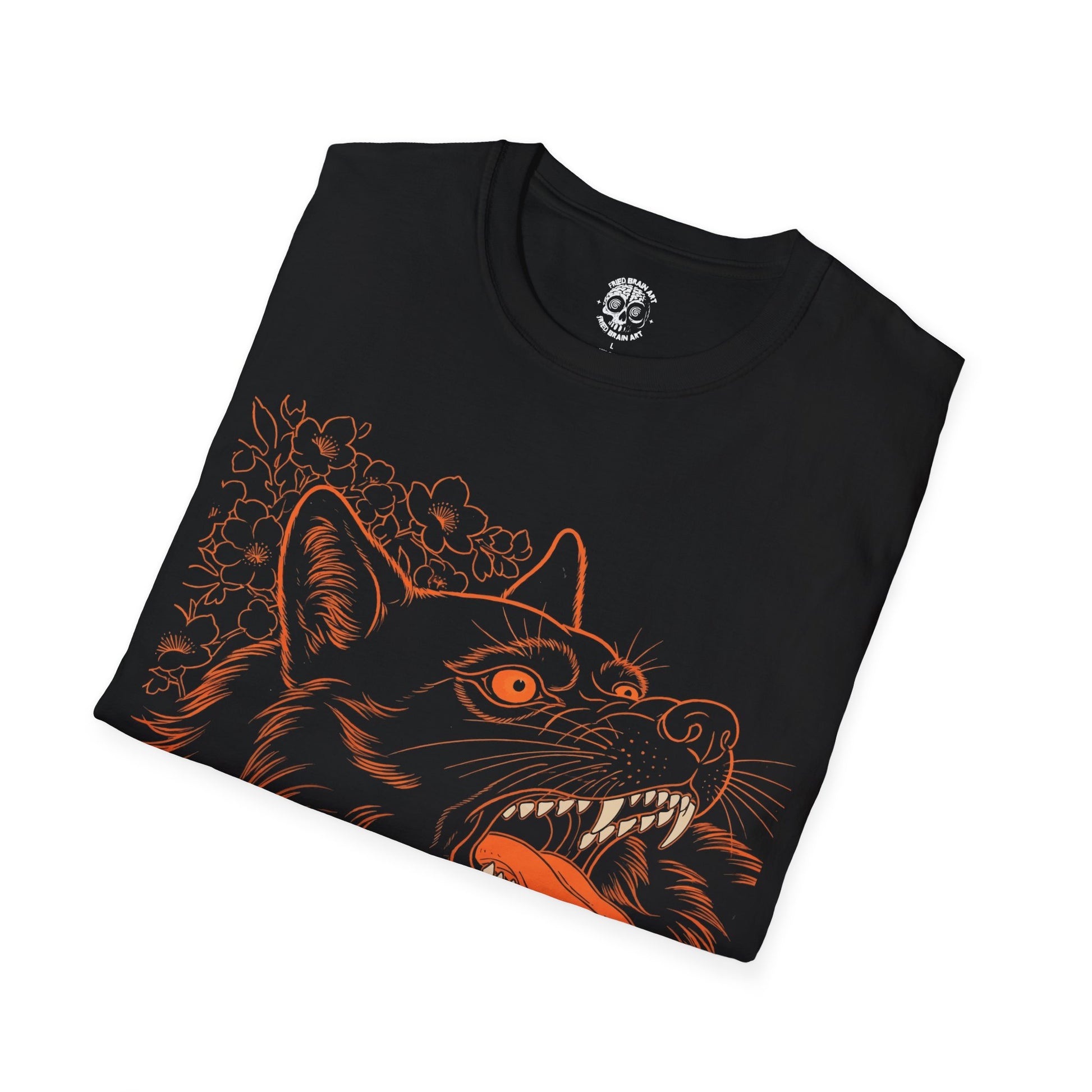 Black wolf shirt in Japanese painting style, Wildflower Wolf Shirt, Vintage Flowers Animal, Black Wolf T-Shirt