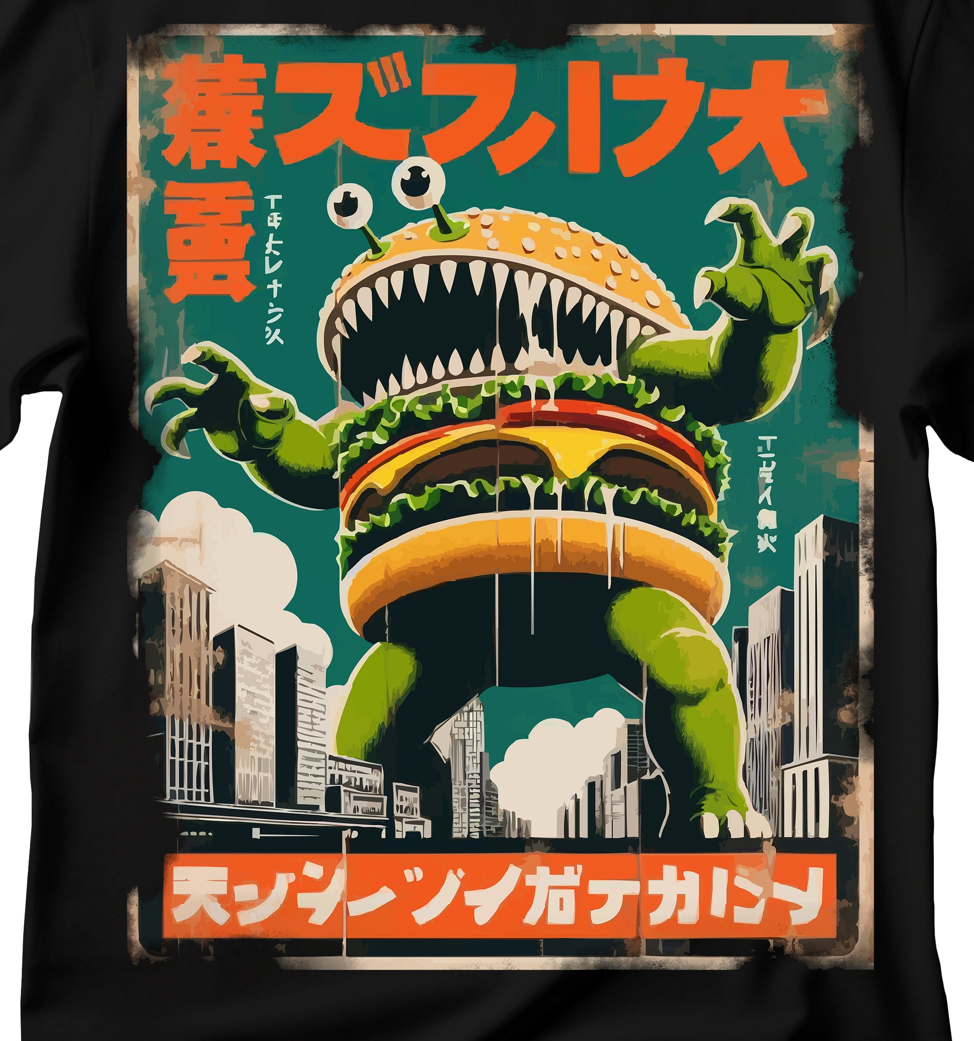 Retro Monster Burger  T-Shirt, Funny Monster Burger T-Shirt, Funny Kaiju Burger T-Shirt, Vintage Funny Burger T-Shirt, Funny Burger Attacking A City T-Shirt