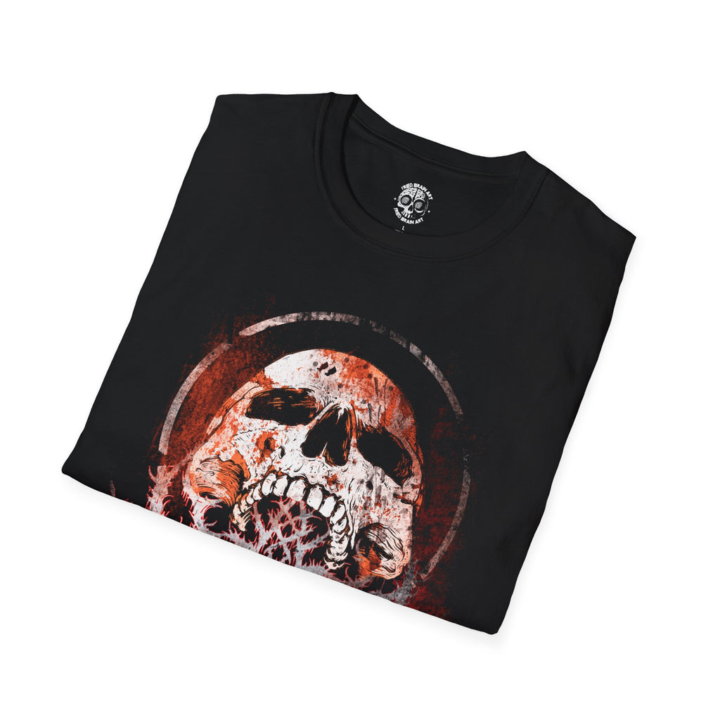 Edgy Skull Graphic Unisex Softstyle T-Shirt, Brutal Dark Calligraphy T-shirt With Skull, Dark Art T-shirt, Skull T-shirt, Rock and Roll T-shirt.