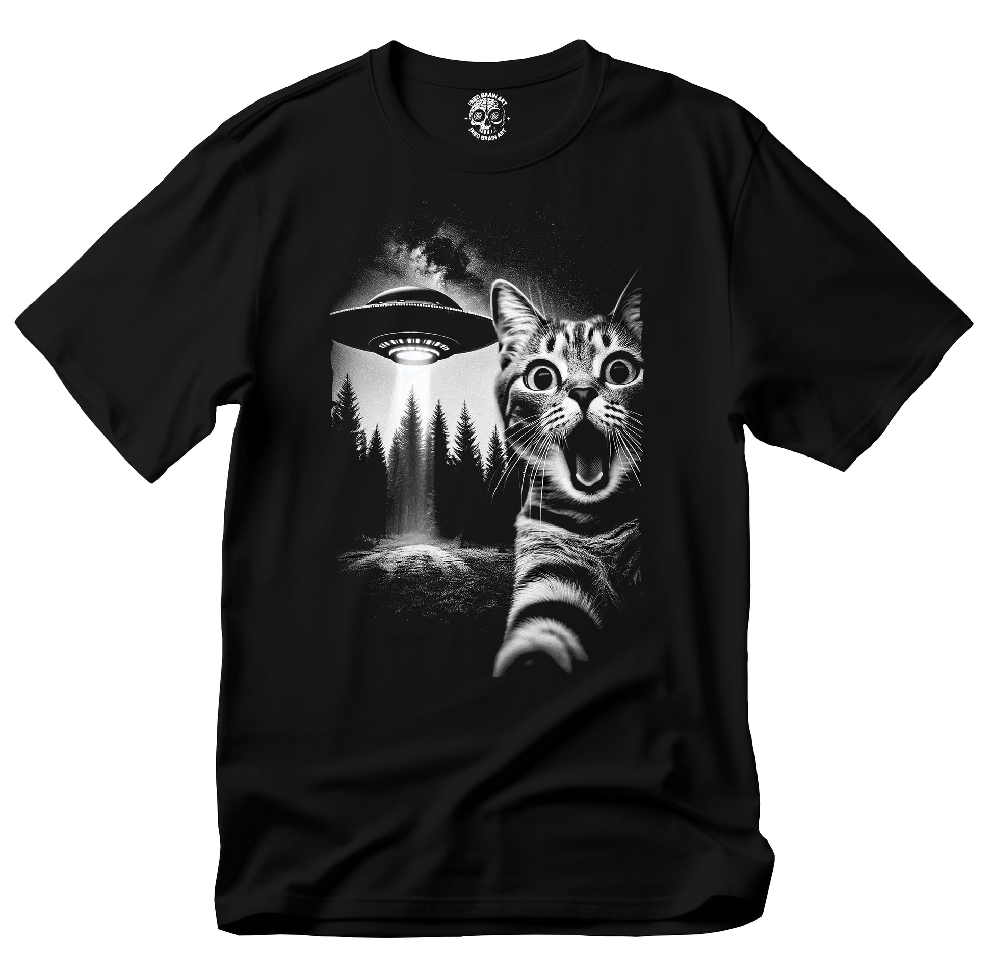 Funny Cat Selfie with UFOs T-shirt, cat T-shirt, UFO T-shirt, Edgy Graphic Tee, Cute Cat Shirt, UFO Fan Gift, Quirky Animal Apparel